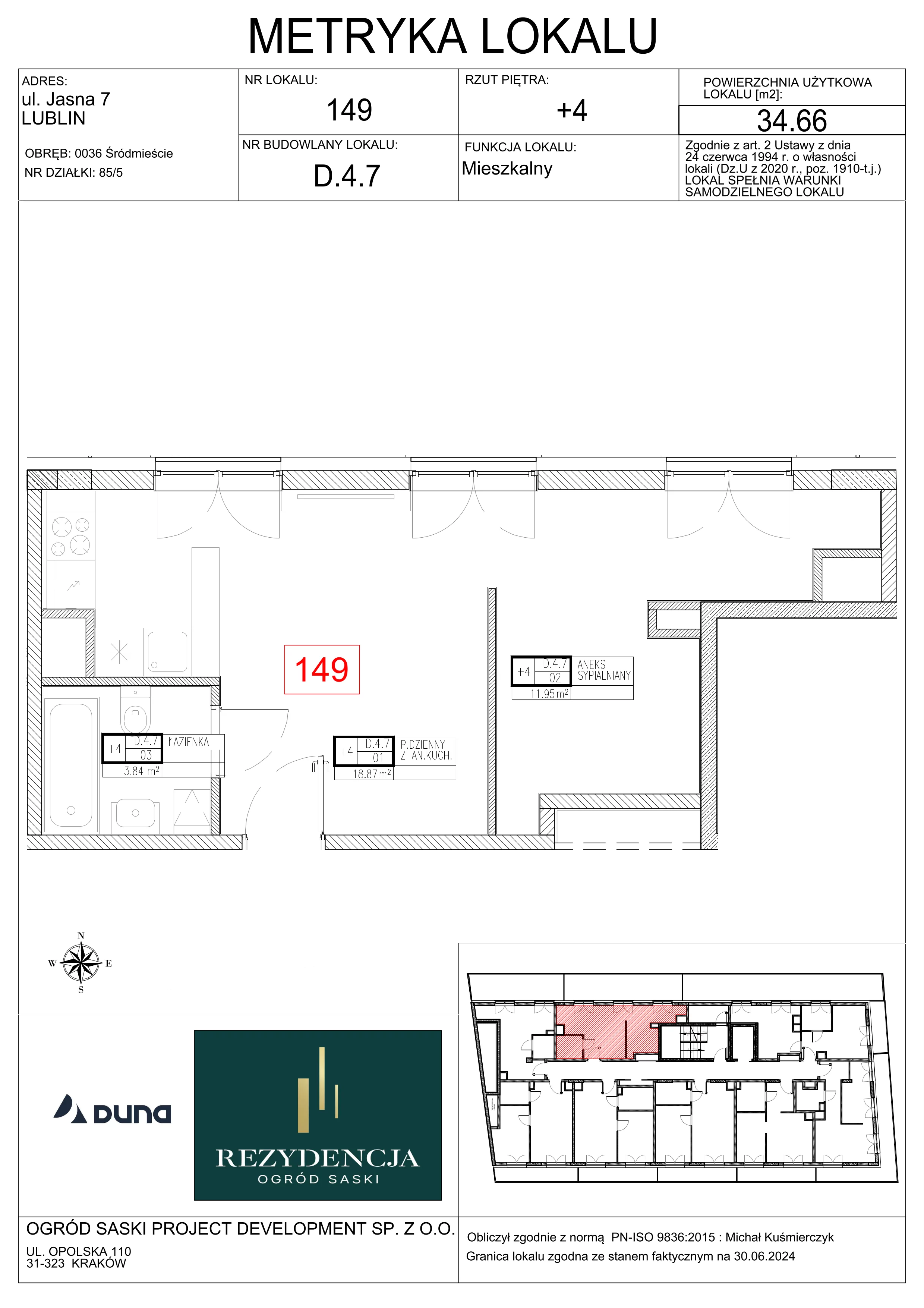 2 pokoje, mieszkanie 34,66 m², piętro 4, oferta nr D4.7, Rezydencja Ogród Saski, Lublin, Wieniawa, ul. Wieniawska 7/Jasna 7