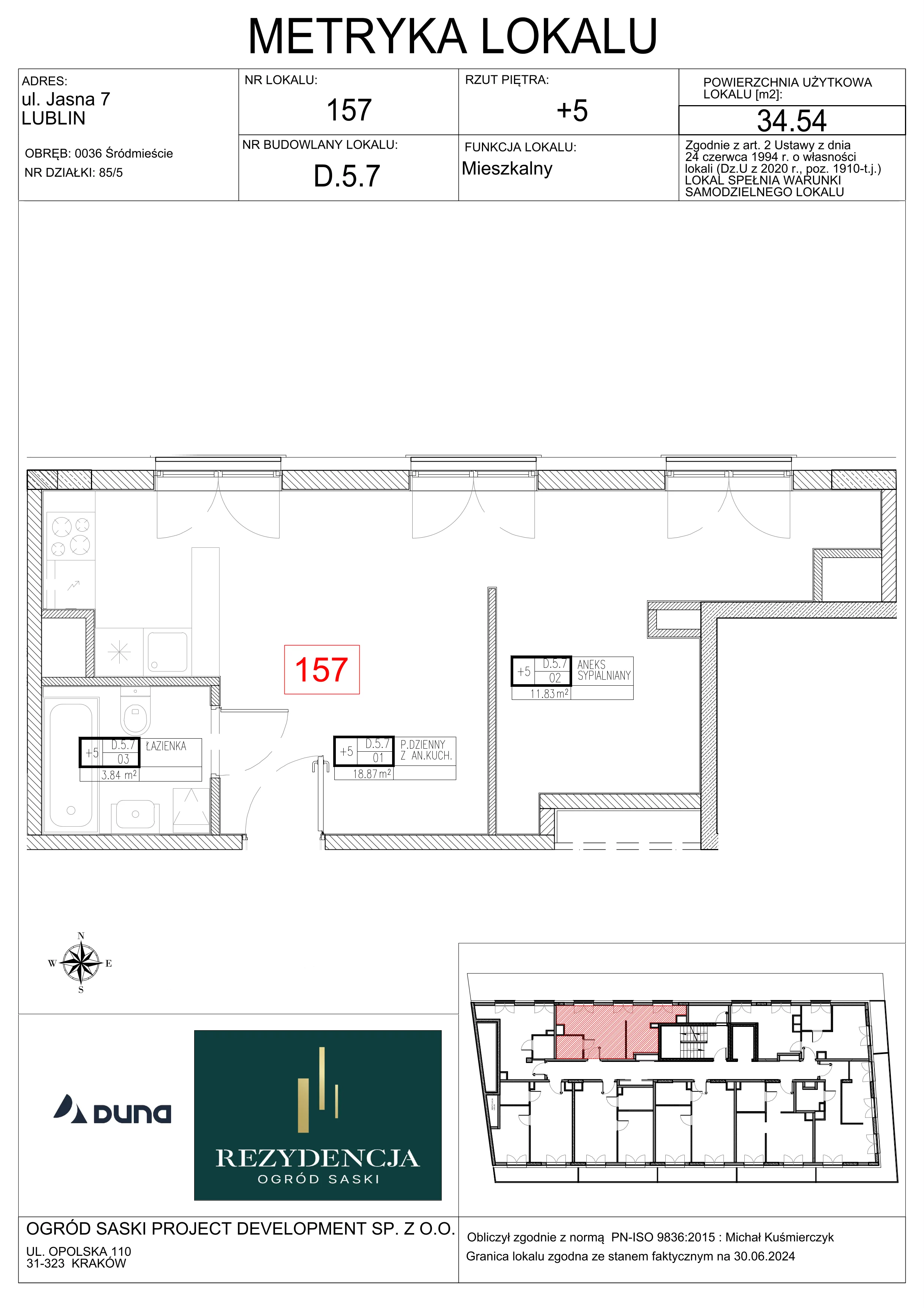 2 pokoje, mieszkanie 34,54 m², piętro 5, oferta nr D5.7, Rezydencja Ogród Saski, Lublin, Wieniawa, ul. Wieniawska 7/Jasna 7