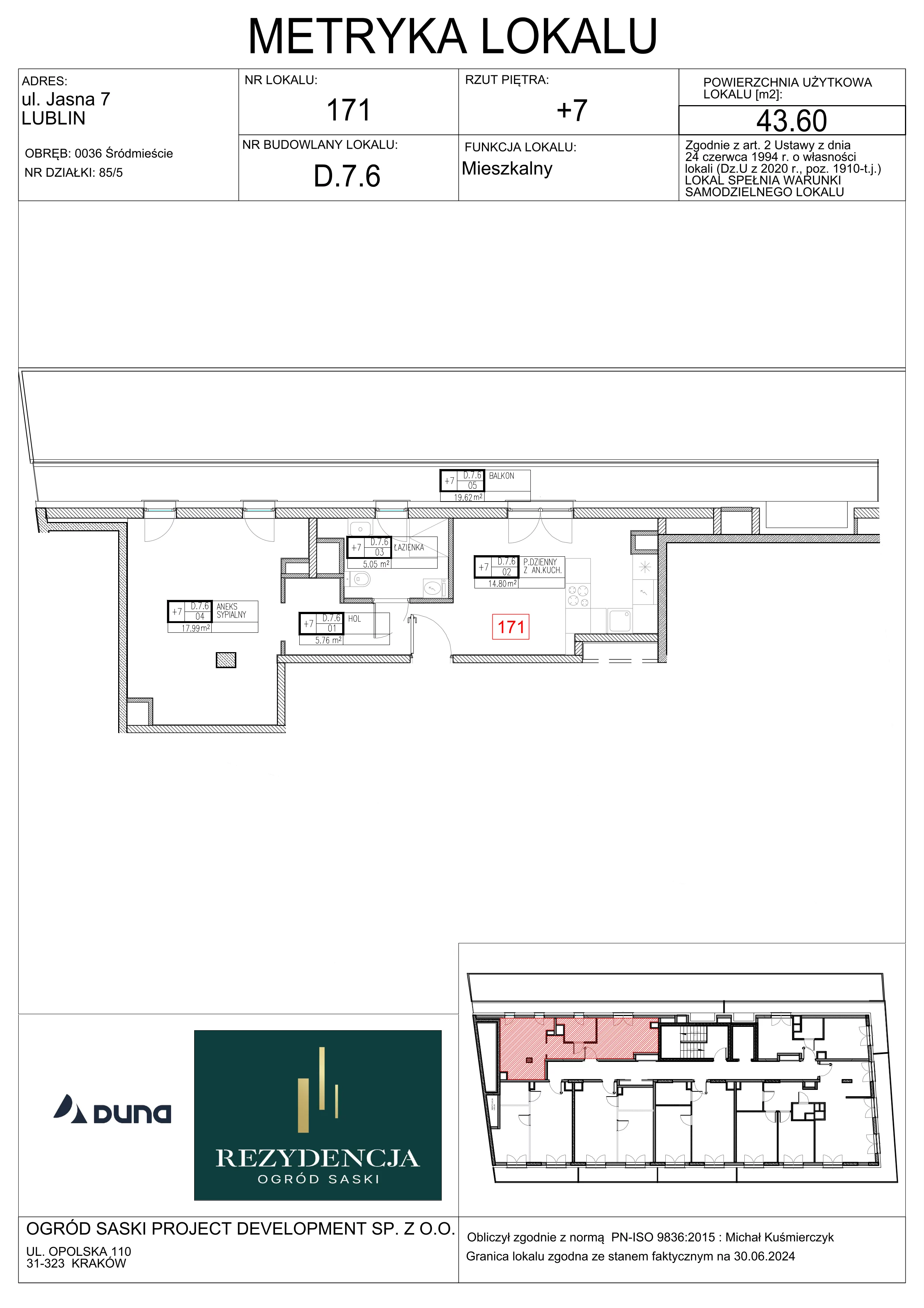 2 pokoje, mieszkanie 43,60 m², piętro 7, oferta nr D7.6, Rezydencja Ogród Saski, Lublin, Wieniawa, ul. Wieniawska 7/Jasna 7