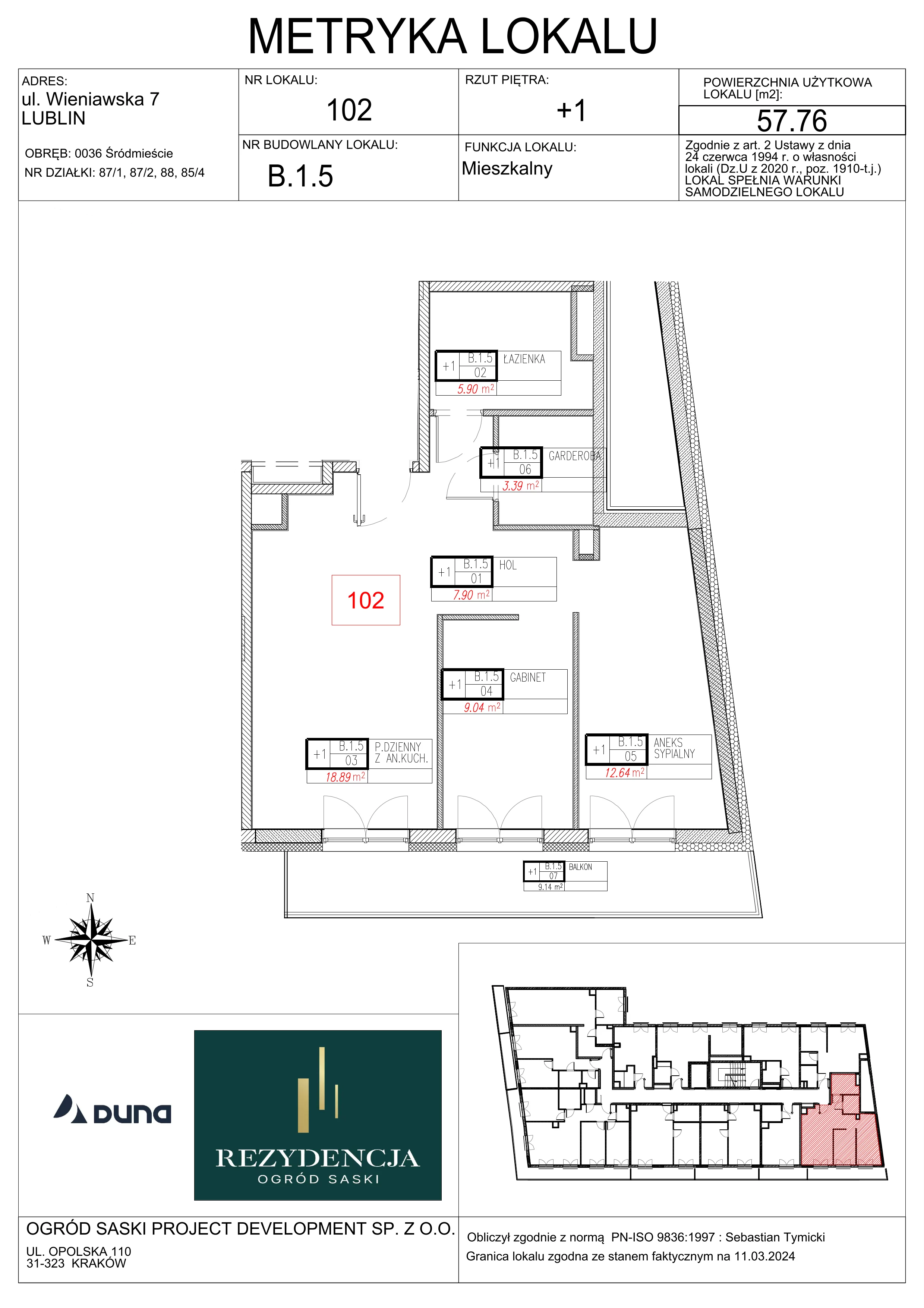 3 pokoje, mieszkanie 57,76 m², piętro 1, oferta nr B1.5, Rezydencja Ogród Saski, Lublin, Wieniawa, ul. Wieniawska 7/Jasna 7