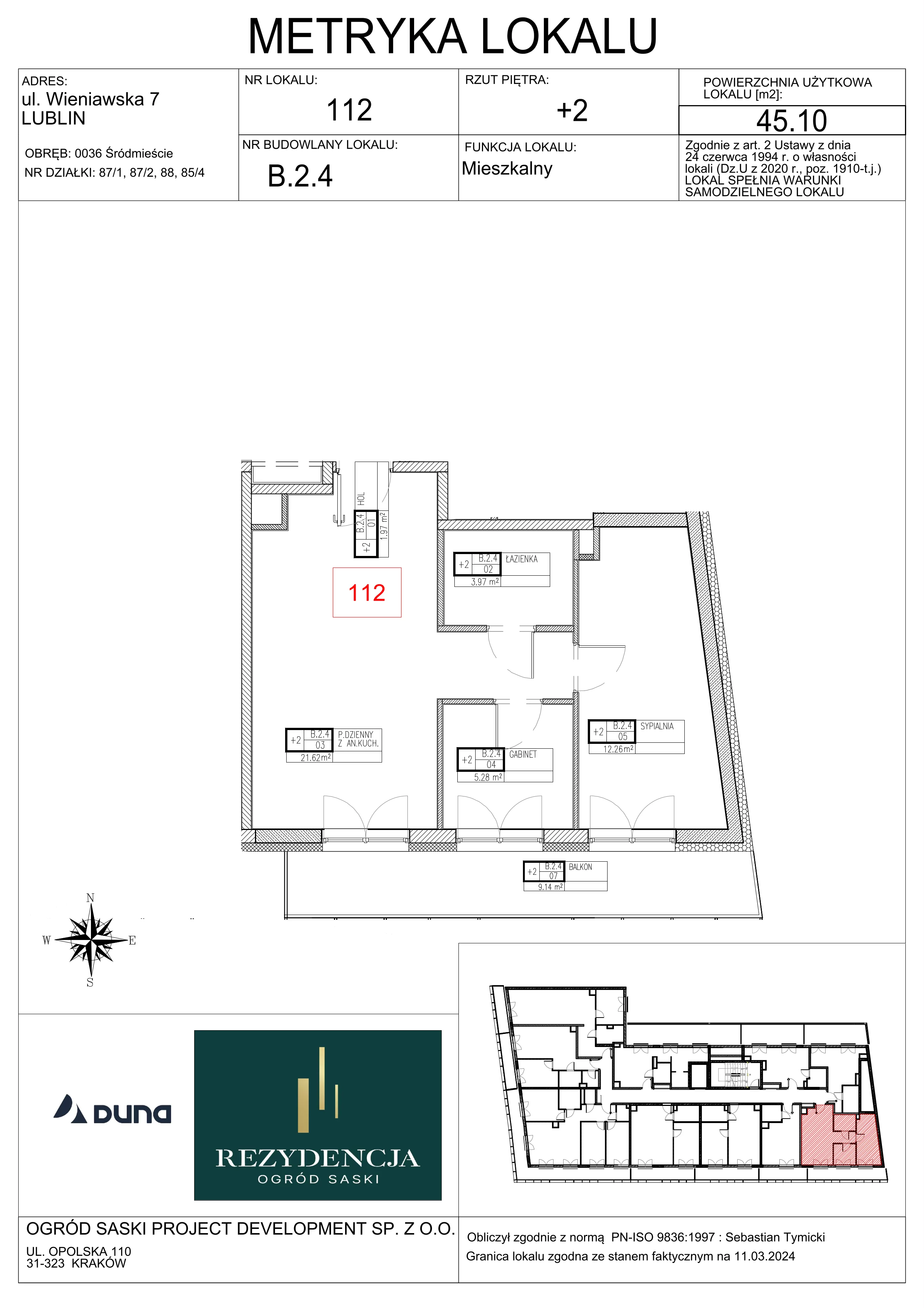 3 pokoje, mieszkanie 45,10 m², piętro 2, oferta nr B2.4, Rezydencja Ogród Saski, Lublin, Wieniawa, ul. Wieniawska 7/Jasna 7