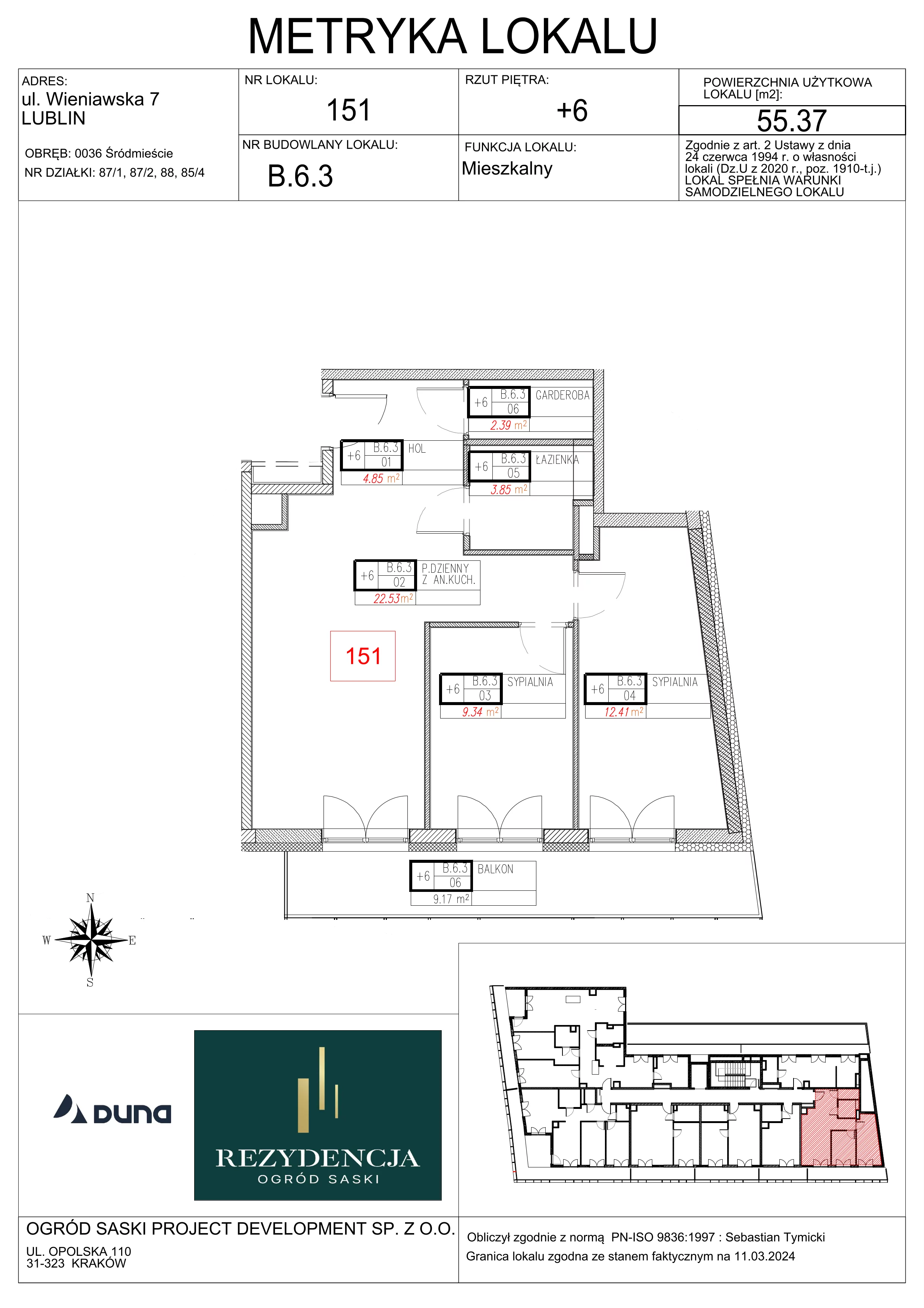 3 pokoje, mieszkanie 55,37 m², piętro 6, oferta nr B6.3, Rezydencja Ogród Saski, Lublin, Wieniawa, ul. Wieniawska 7/Jasna 7