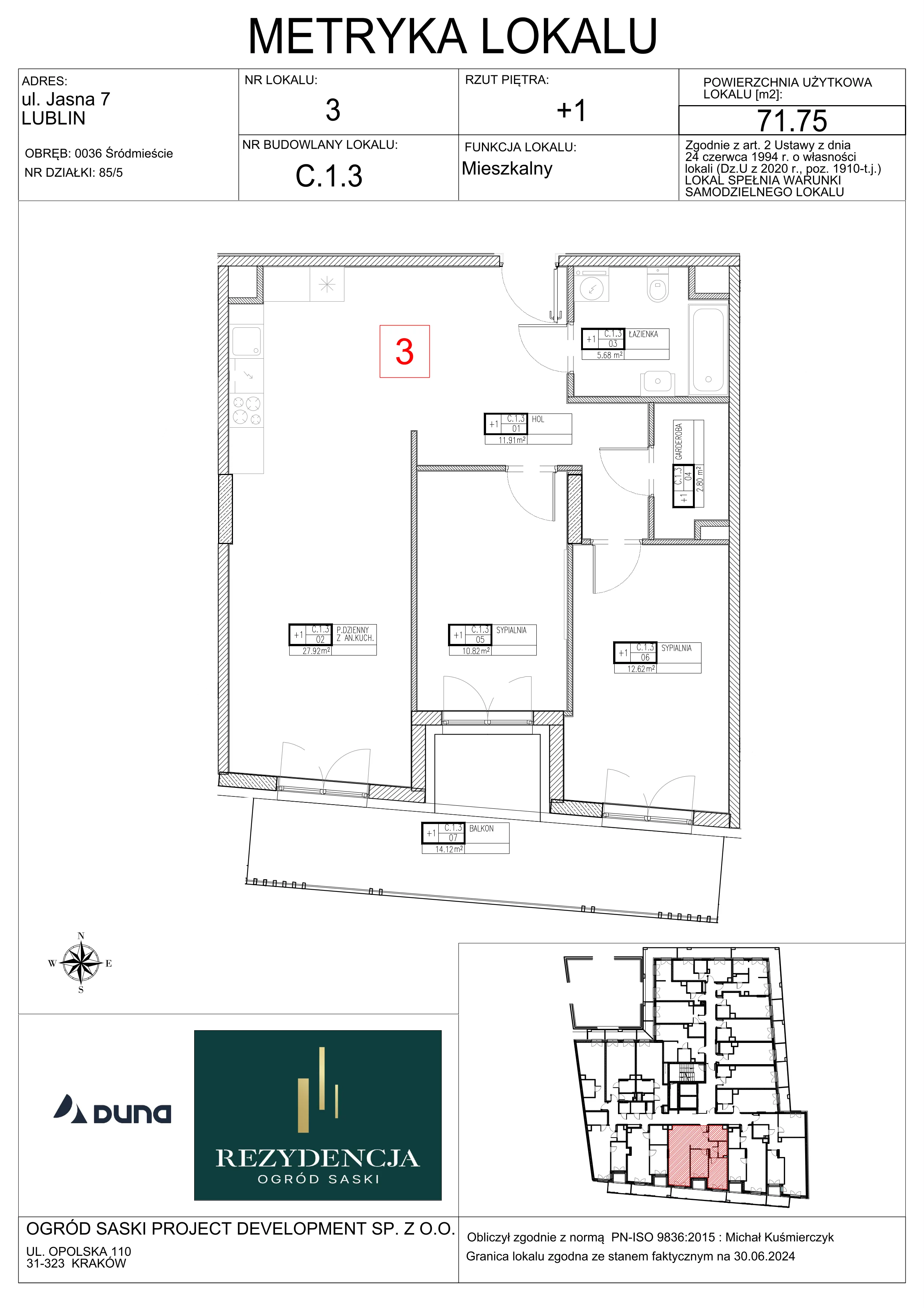 3 pokoje, mieszkanie 71,75 m², piętro 1, oferta nr C1.3, Rezydencja Ogród Saski, Lublin, Wieniawa, ul. Wieniawska 7/Jasna 7
