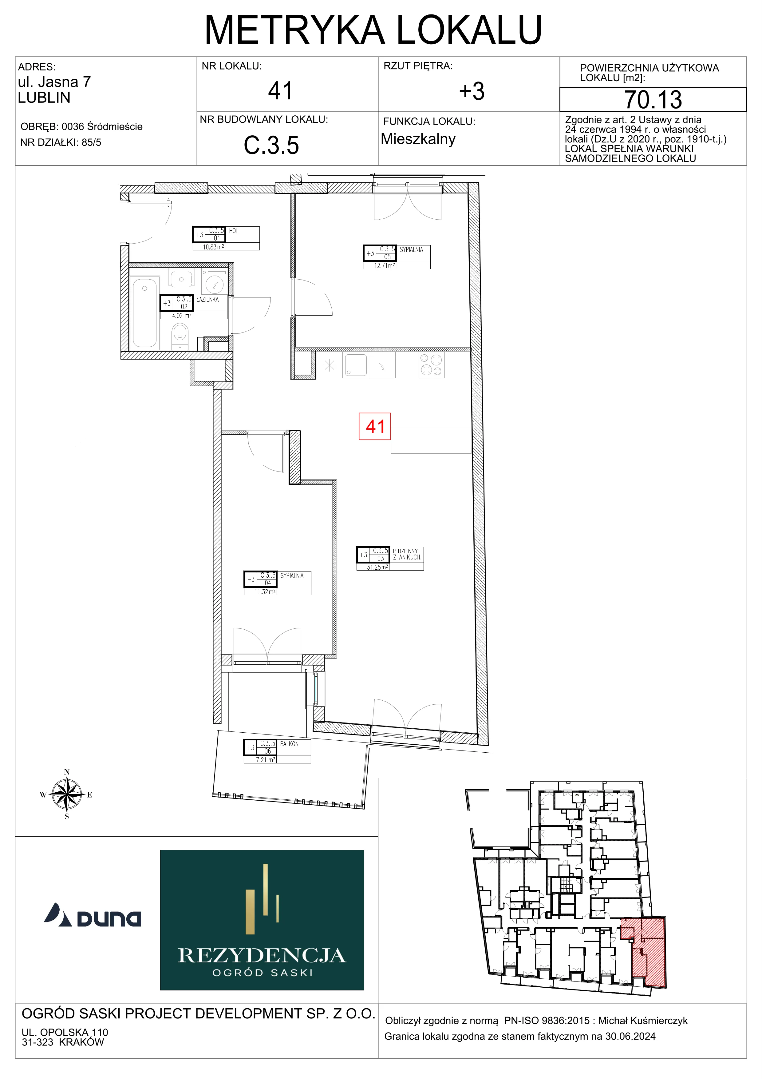 3 pokoje, mieszkanie 70,13 m², piętro 3, oferta nr C3.5, Rezydencja Ogród Saski, Lublin, Wieniawa, ul. Wieniawska 7/Jasna 7