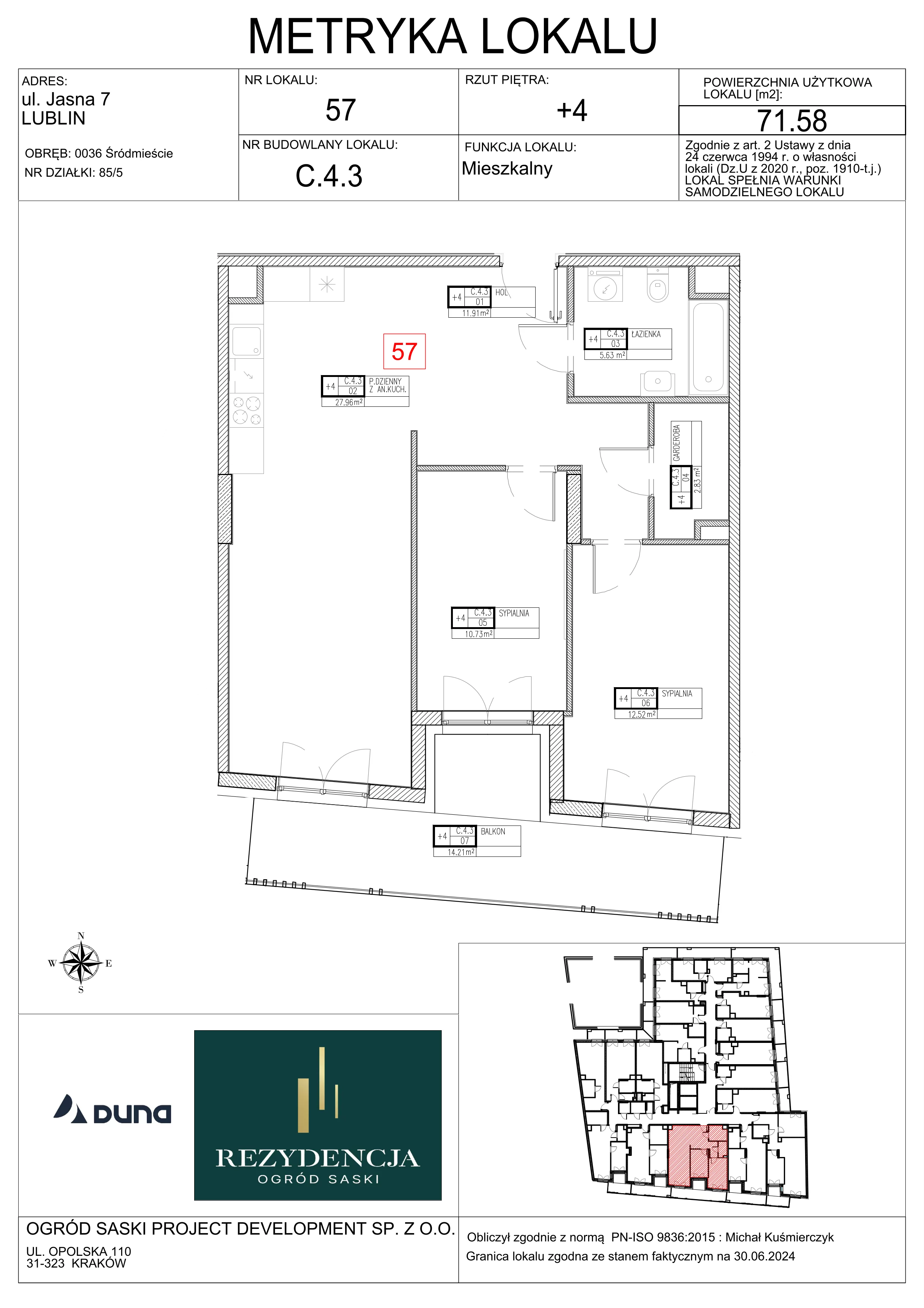 3 pokoje, mieszkanie 71,58 m², piętro 4, oferta nr C4.3, Rezydencja Ogród Saski, Lublin, Wieniawa, ul. Wieniawska 7/Jasna 7