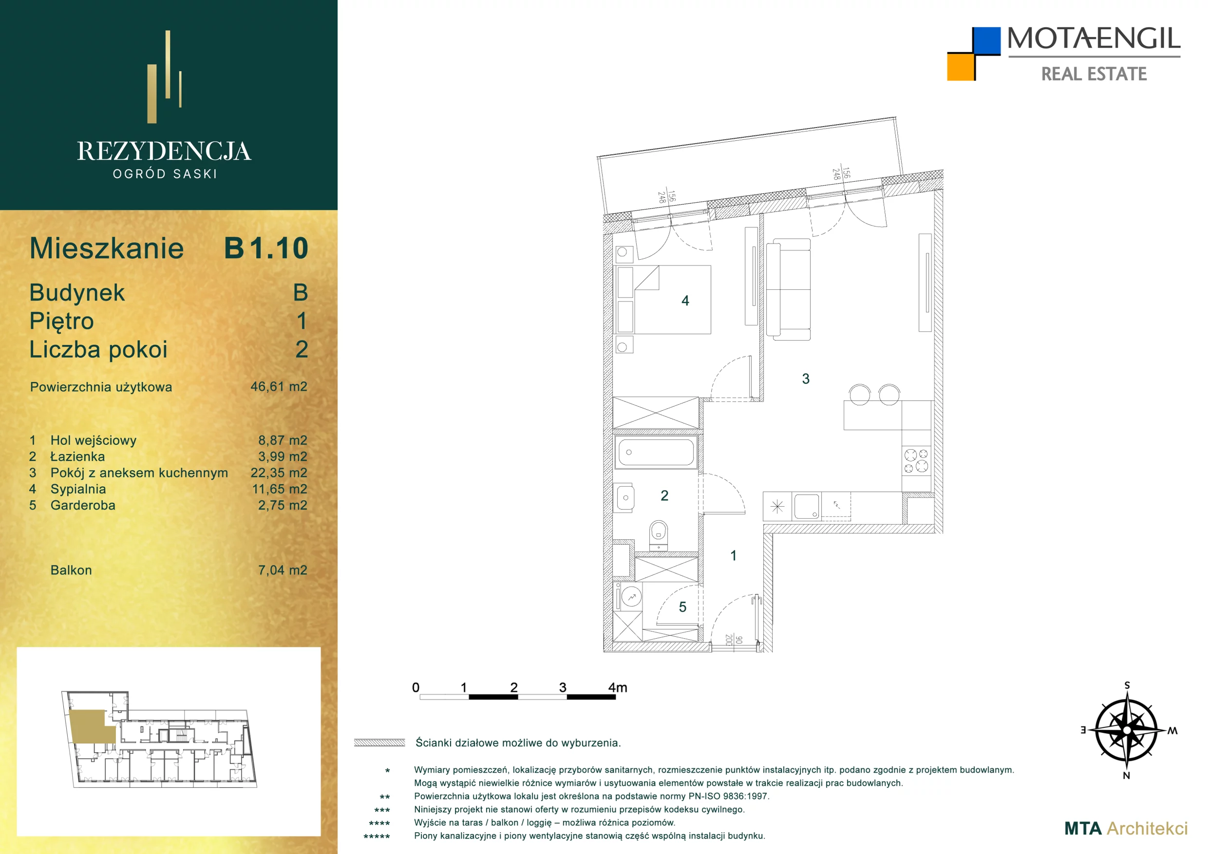 2 pokoje, mieszkanie 46,58 m², piętro 1, oferta nr B1.10, Rezydencja Ogród Saski, Lublin, Wieniawa, ul. Wieniawska 7/Jasna 7