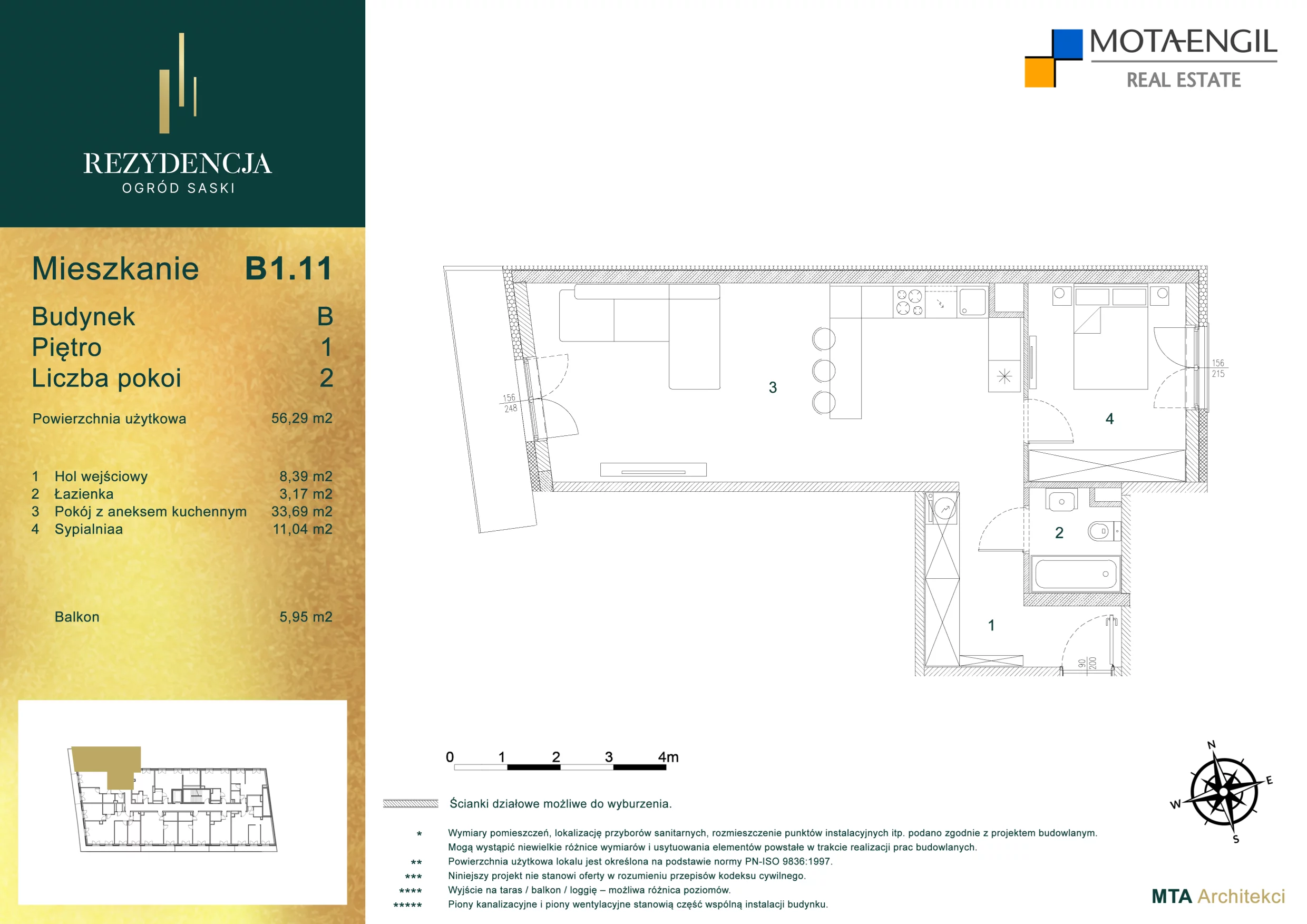 Mieszkanie 55,97 m², piętro 1, oferta nr B1.11, Rezydencja Ogród Saski, Lublin, Wieniawa, ul. Wieniawska 7/Jasna 7