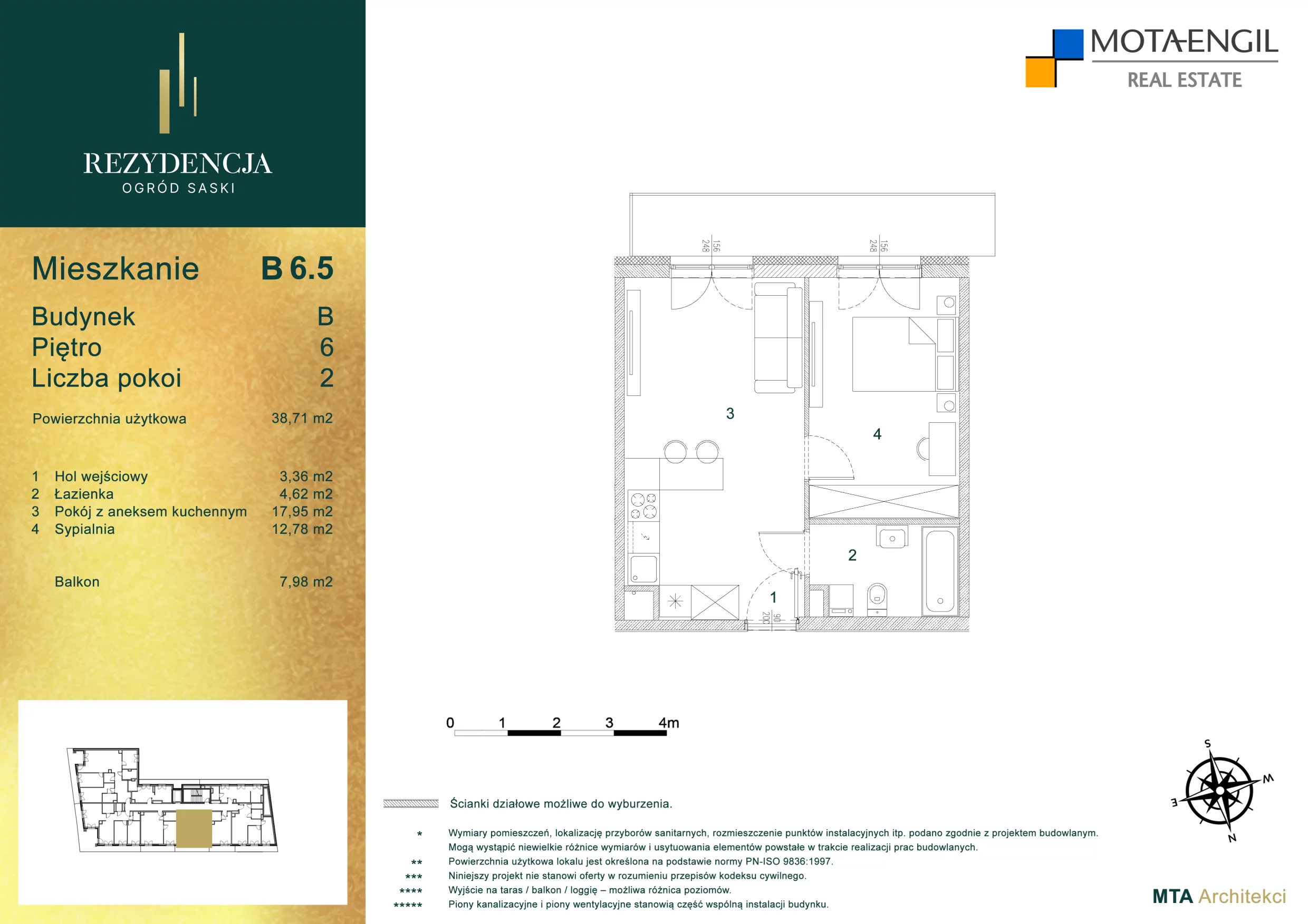 2 pokoje, mieszkanie 38,56 m², piętro 6, oferta nr B6.5, Rezydencja Ogród Saski, Lublin, Wieniawa, ul. Wieniawska 7/Jasna 7