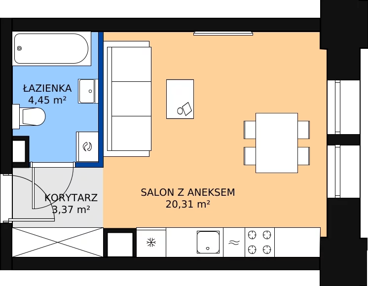 Zalety mieszkania 28.55 m², 01.1.M03