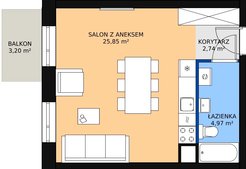 Zalety mieszkania 34 m², 02.6.M07