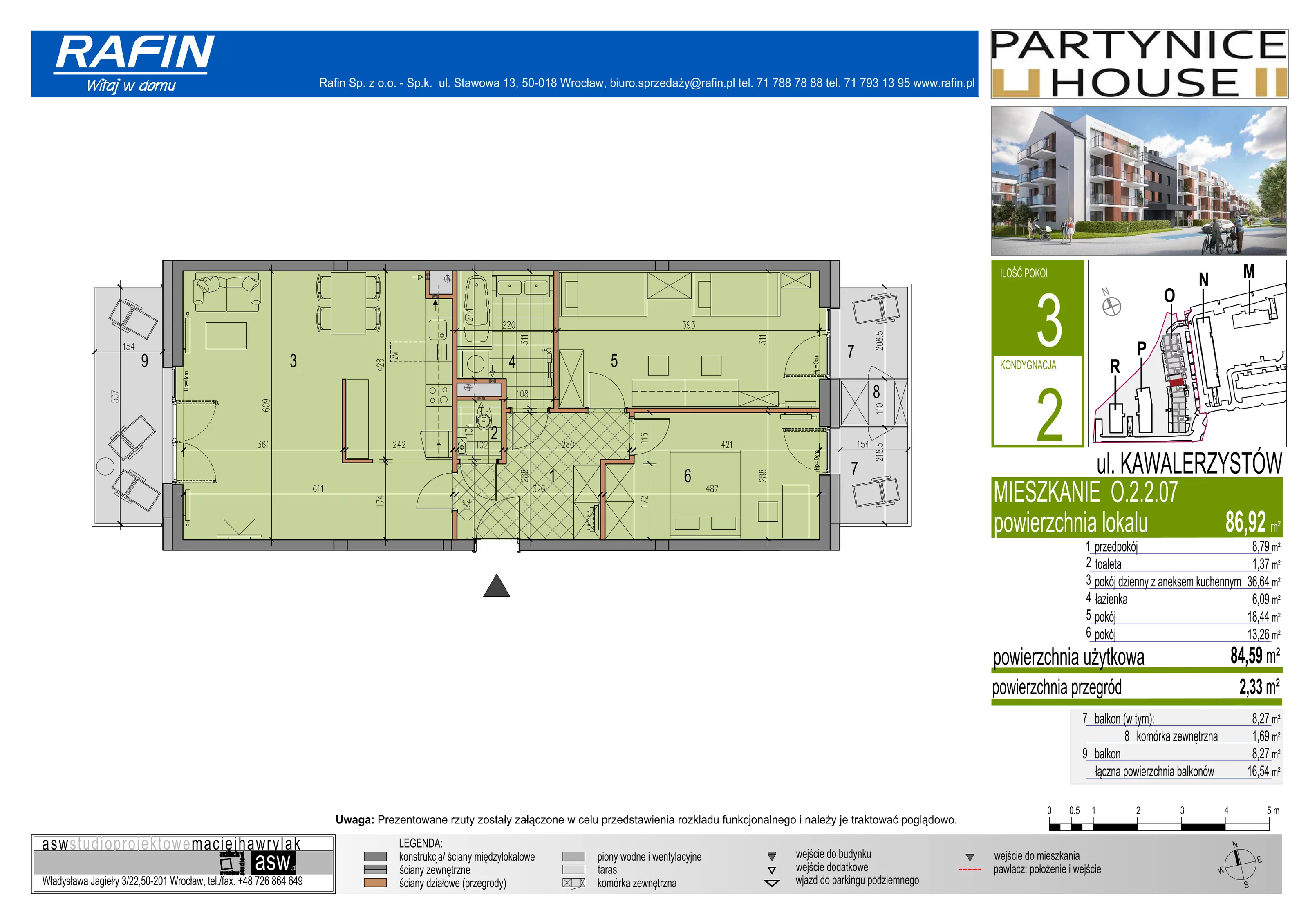 3 pokoje, mieszkanie 84,59 m², piętro 2, oferta nr O.2.2.07, Partynice House II, Wrocław, Krzyki-Partynice, Krzyki, ul. Kawalerzystów