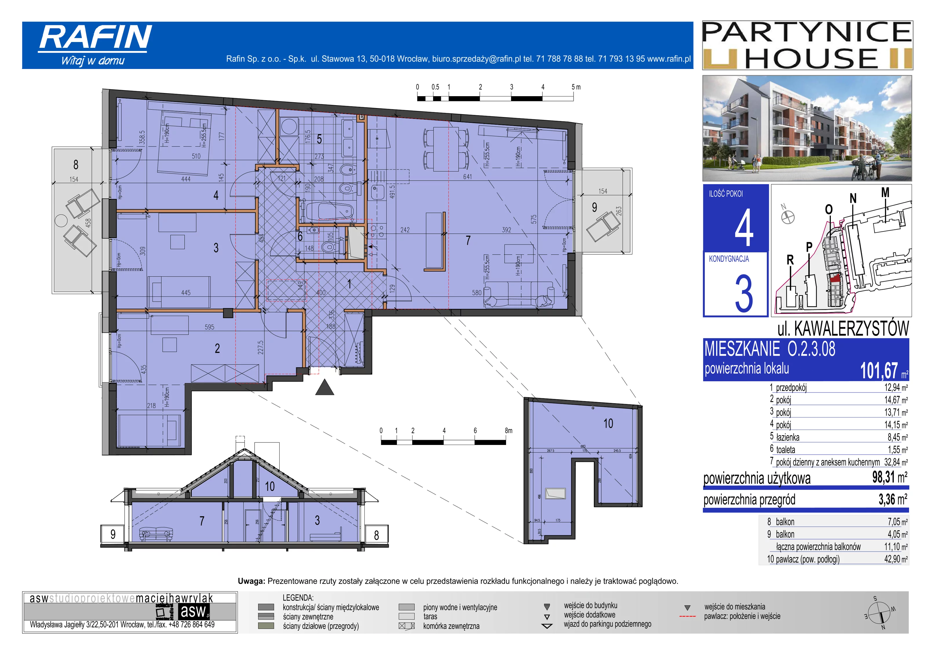 4 pokoje, mieszkanie 101,67 m², piętro 3, oferta nr O.2.3.08, Partynice House II, Wrocław, Krzyki-Partynice, Krzyki, ul. Kawalerzystów