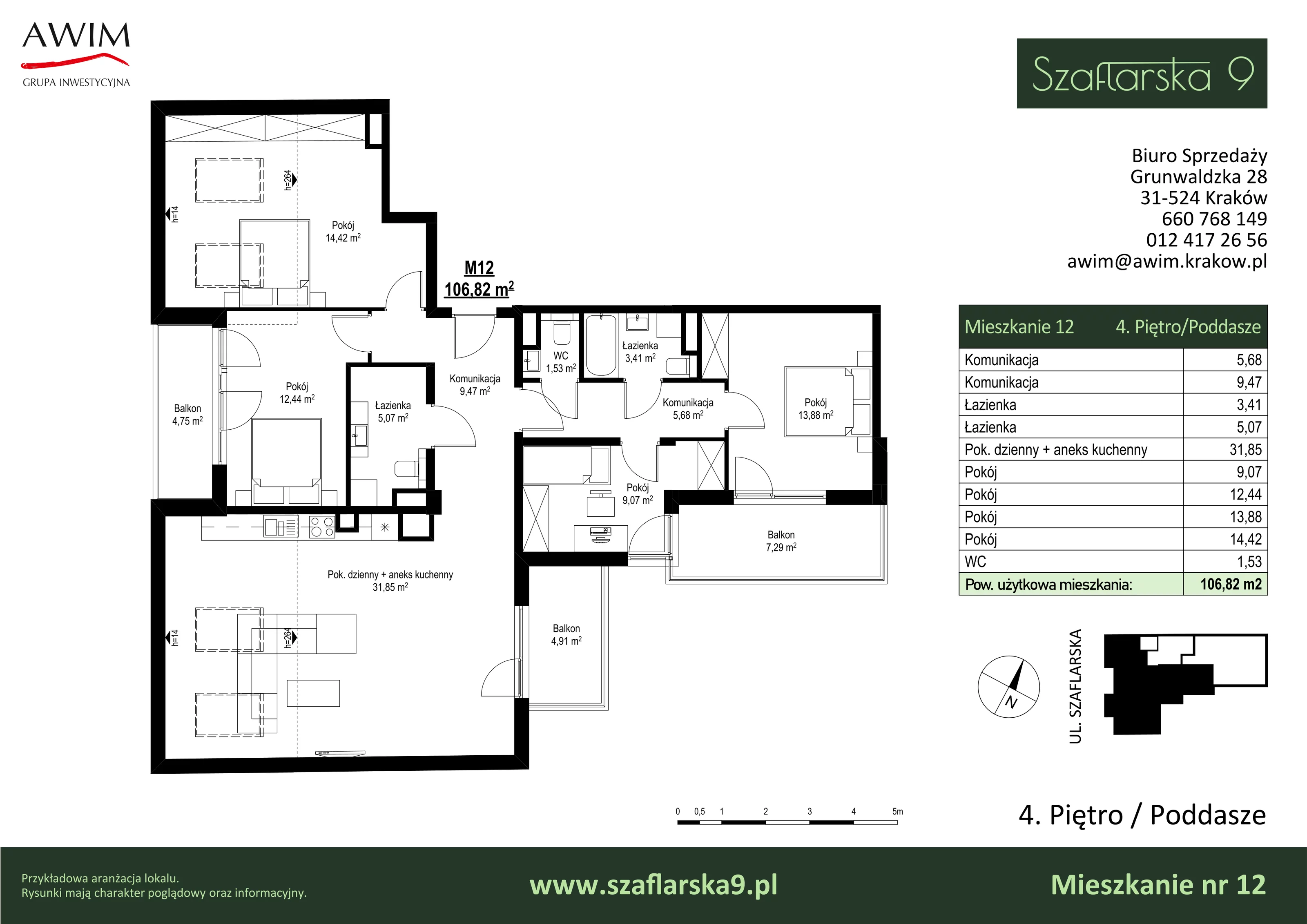 5 pokoi, mieszkanie 106,82 m², piętro 4, oferta nr M12, Szaflarska 9, Kraków, Podgórze, ul. Szaflarska 9