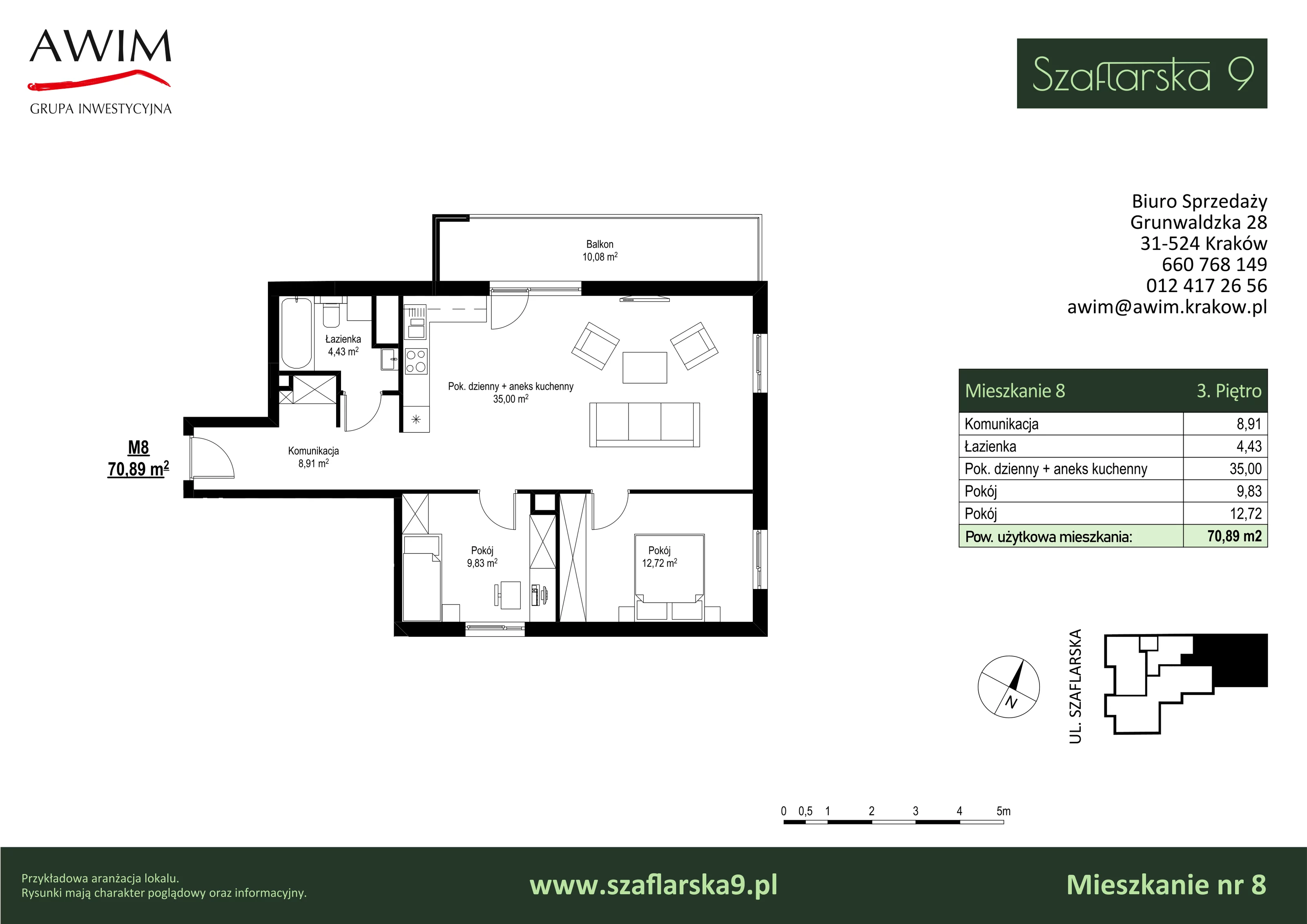 3 pokoje, mieszkanie 70,89 m², piętro 3, oferta nr M8, Szaflarska 9, Kraków, Podgórze, ul. Szaflarska 9