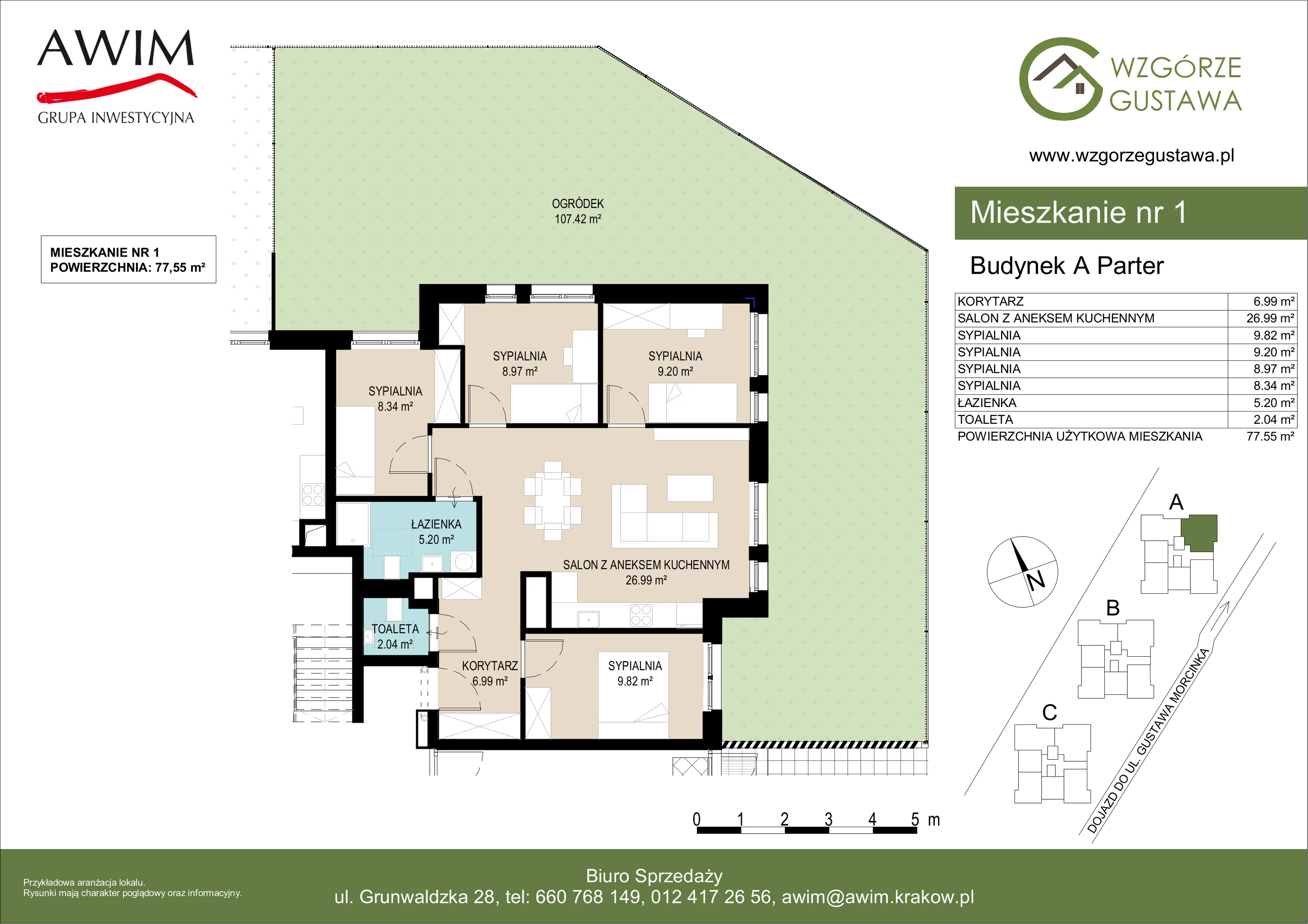 5 pokoi, mieszkanie 77,54 m², parter, oferta nr A1, Wzgórze Gustawa, Kraków, Wzgórza Krzesławickie, Zesławice, ul. Gustawa Morcinka
