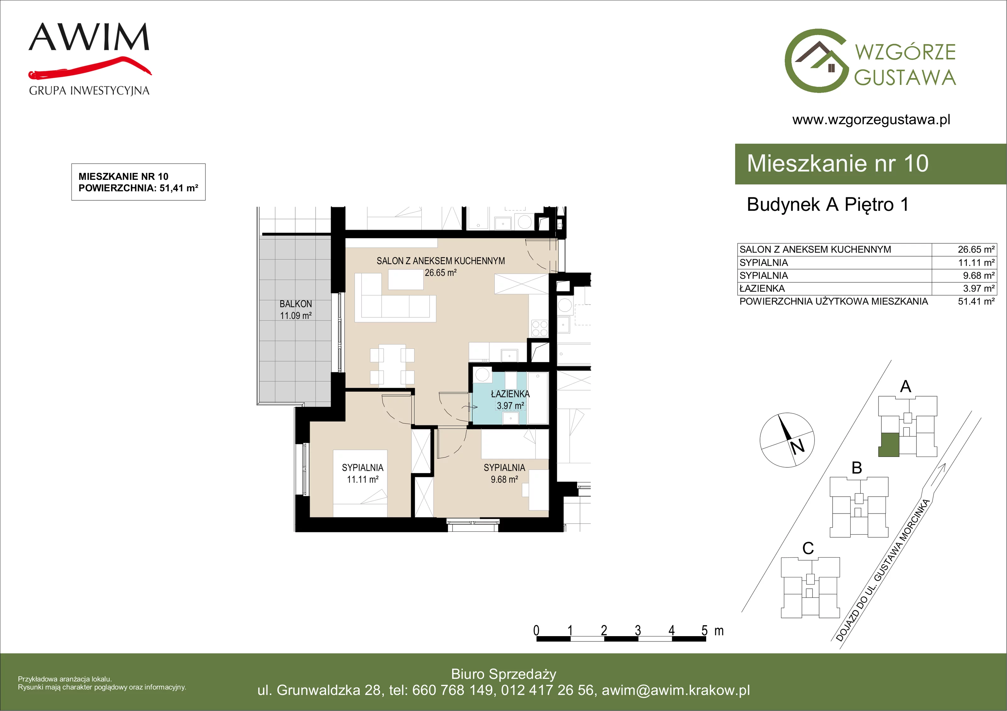3 pokoje, mieszkanie 51,41 m², piętro 1, oferta nr A10, Wzgórze Gustawa, Kraków, Wzgórza Krzesławickie, Zesławice, ul. Gustawa Morcinka