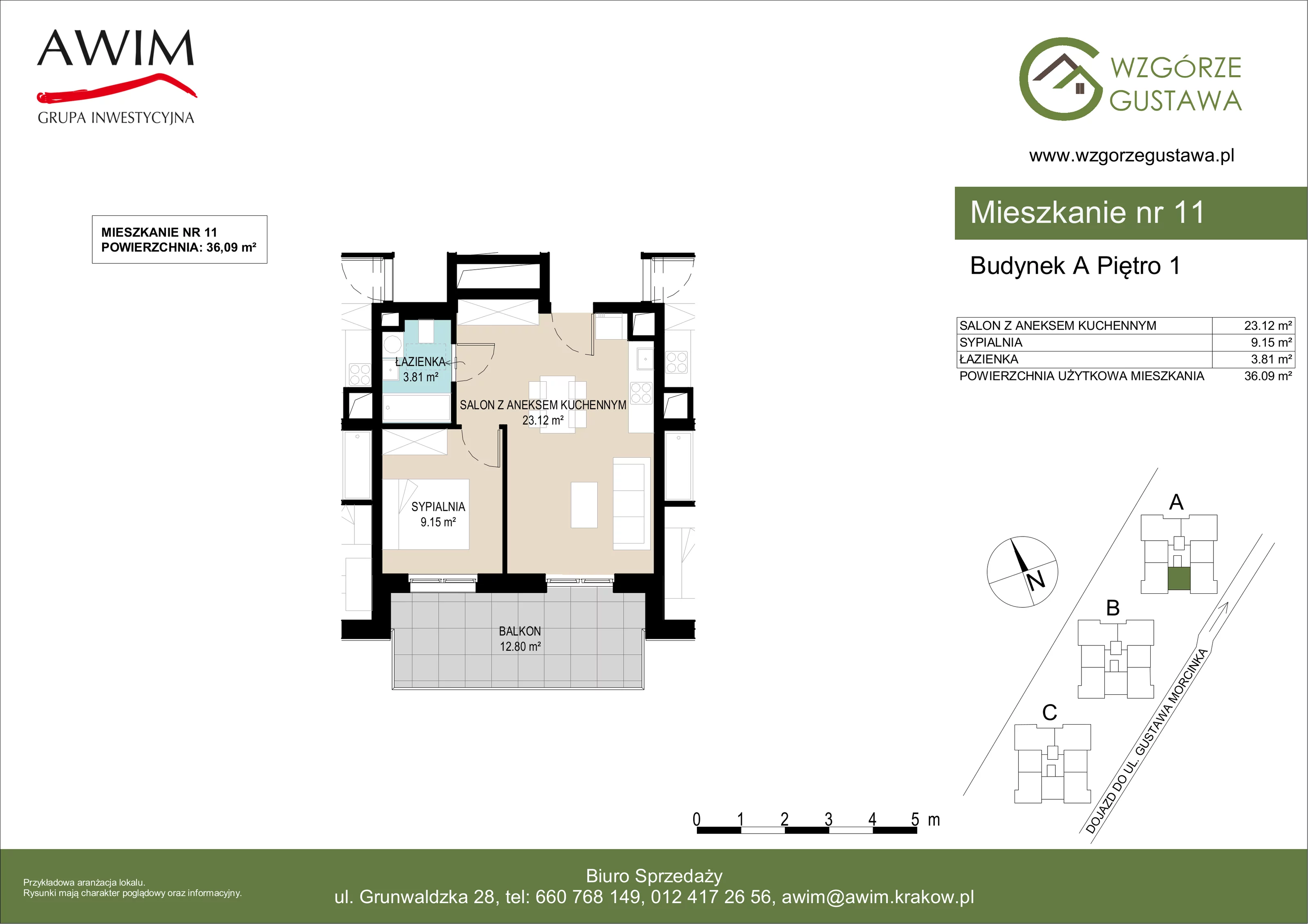 2 pokoje, mieszkanie 36,09 m², piętro 1, oferta nr A11, Wzgórze Gustawa, Kraków, Wzgórza Krzesławickie, Zesławice, ul. Gustawa Morcinka