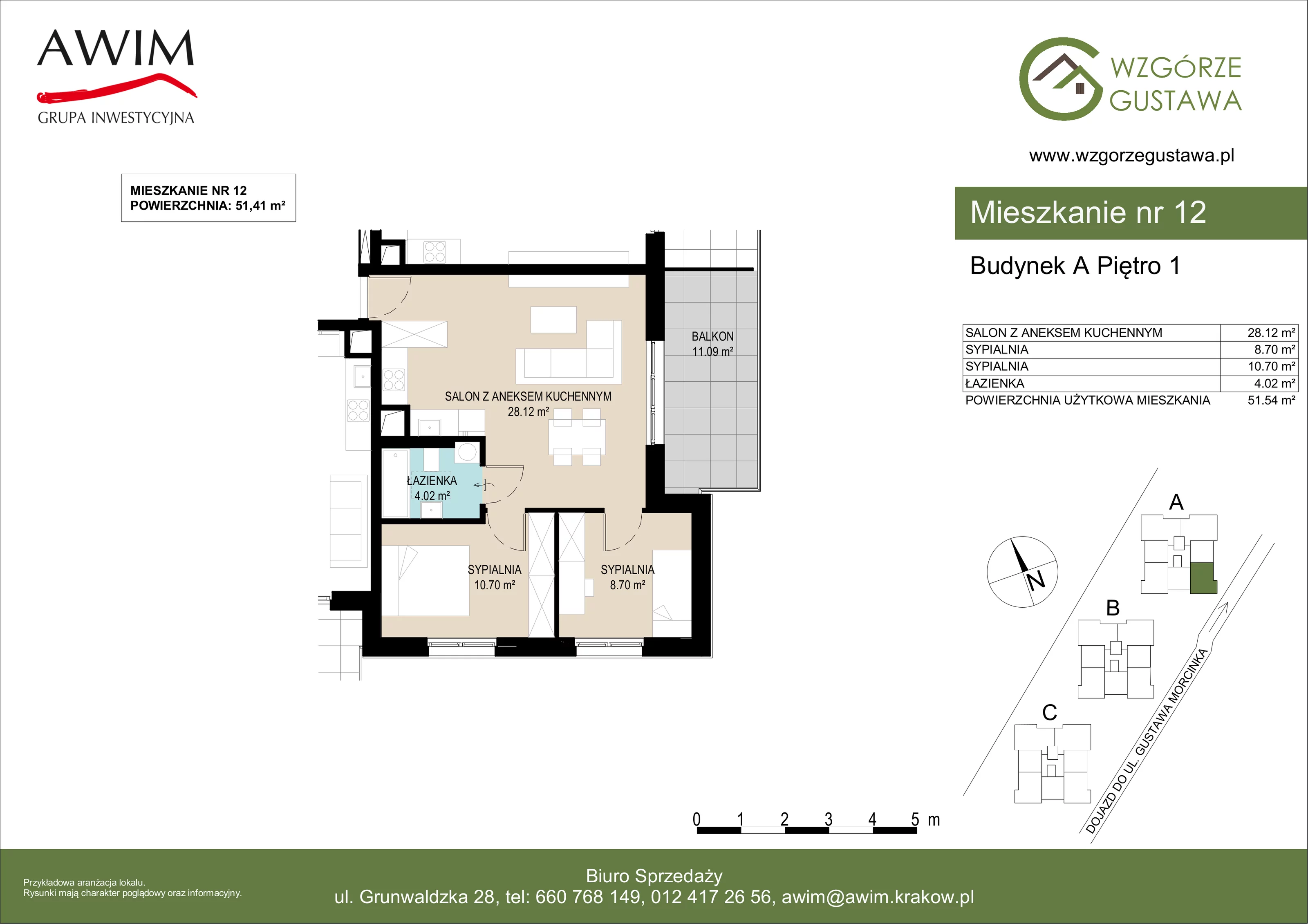 3 pokoje, mieszkanie 51,54 m², piętro 1, oferta nr A12, Wzgórze Gustawa, Kraków, Wzgórza Krzesławickie, Zesławice, ul. Gustawa Morcinka