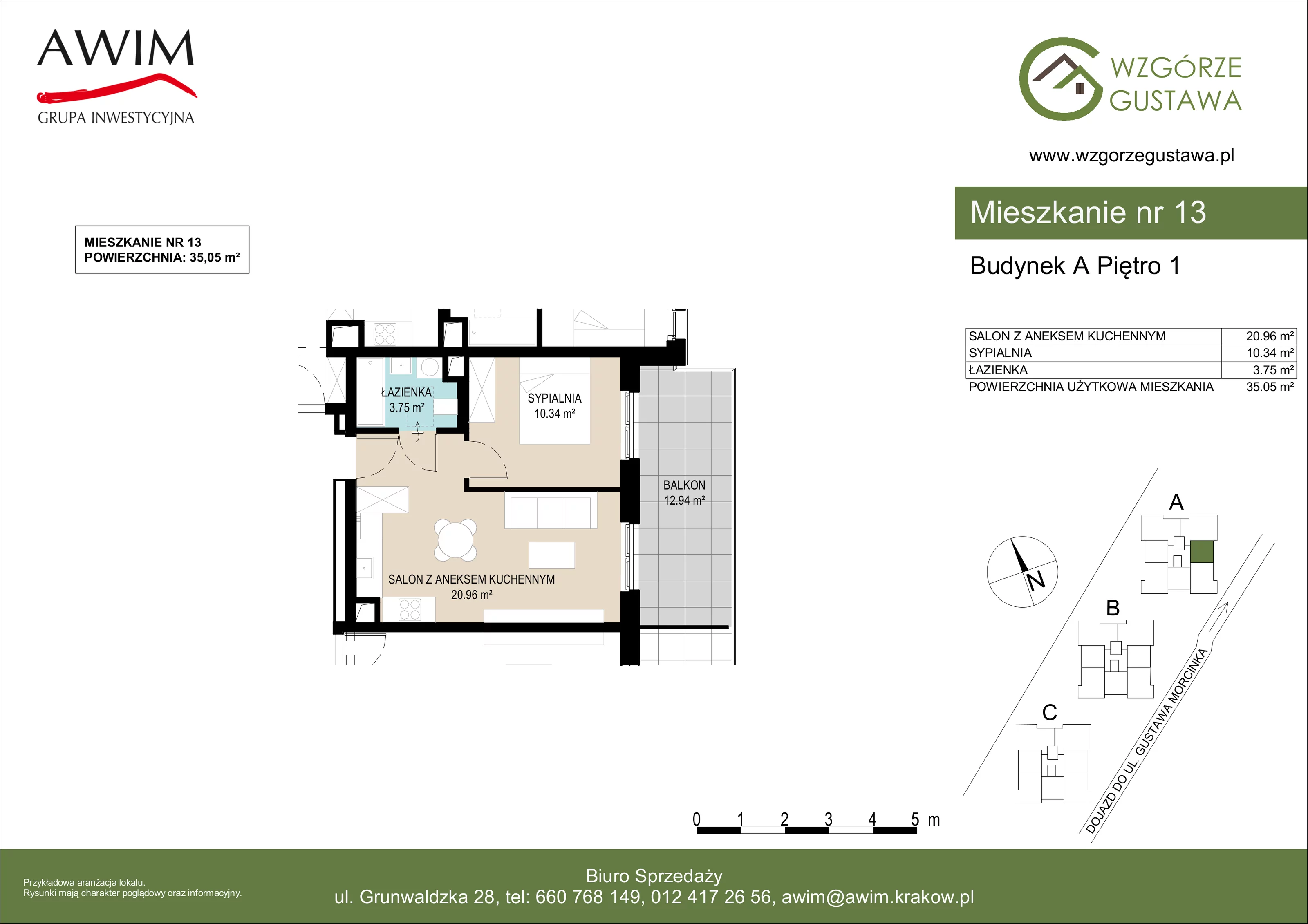 2 pokoje, mieszkanie 35,05 m², piętro 1, oferta nr A13, Wzgórze Gustawa, Kraków, Wzgórza Krzesławickie, Zesławice, ul. Gustawa Morcinka