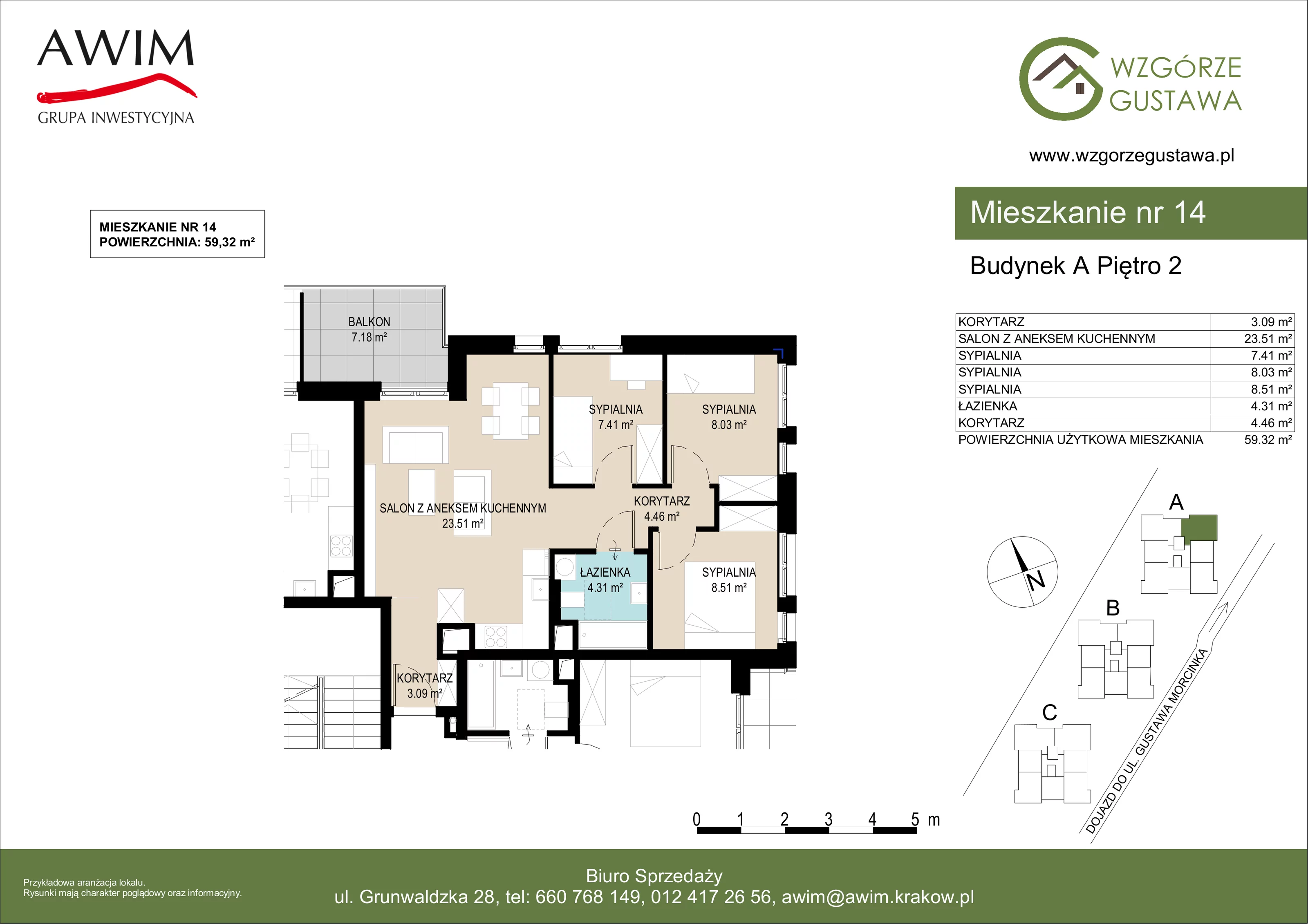 4 pokoje, mieszkanie 59,31 m², piętro 2, oferta nr A14, Wzgórze Gustawa, Kraków, Wzgórza Krzesławickie, Zesławice, ul. Gustawa Morcinka