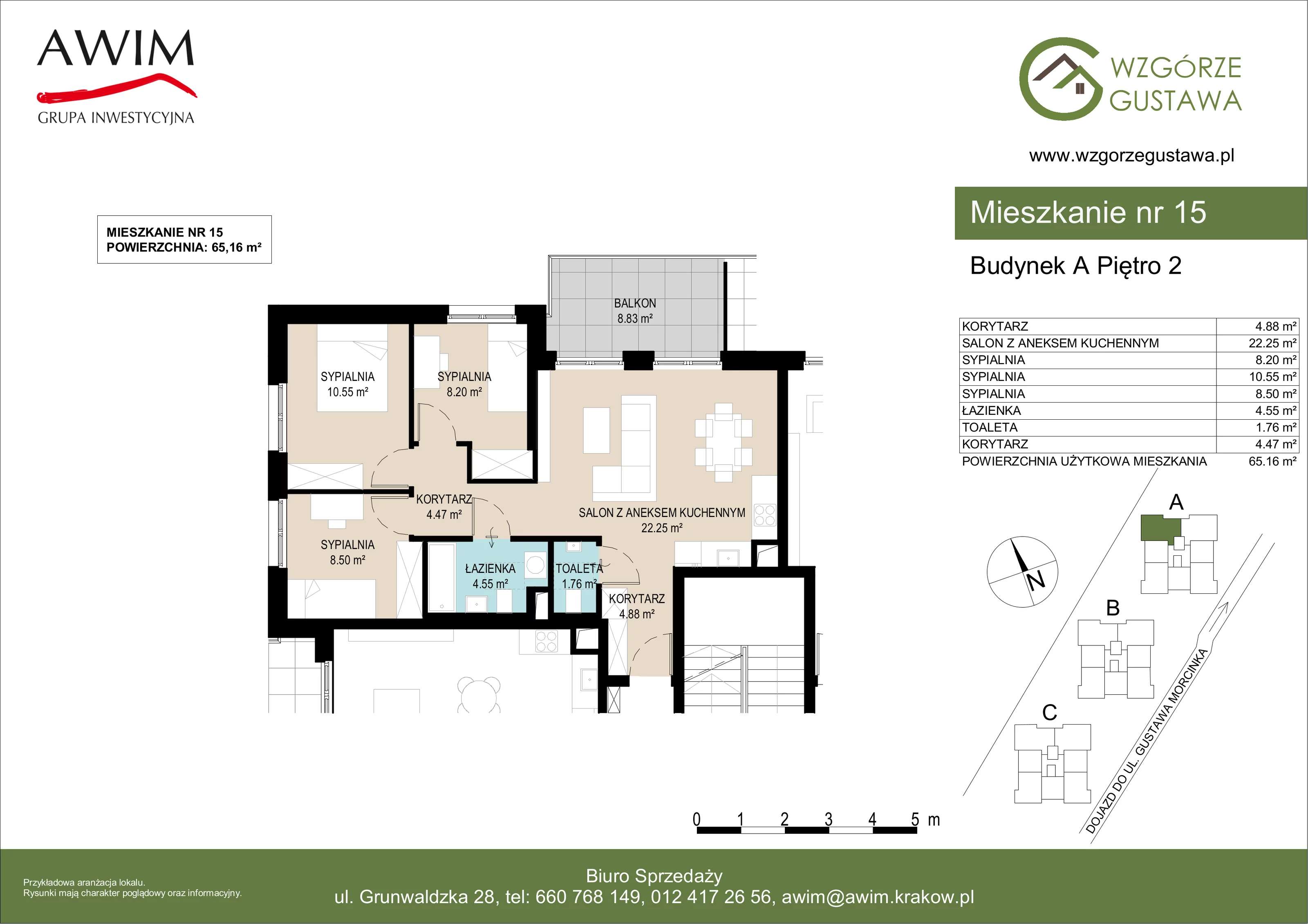 4 pokoje, mieszkanie 65,16 m², piętro 2, oferta nr A15, Wzgórze Gustawa, Kraków, Wzgórza Krzesławickie, Zesławice, ul. Gustawa Morcinka