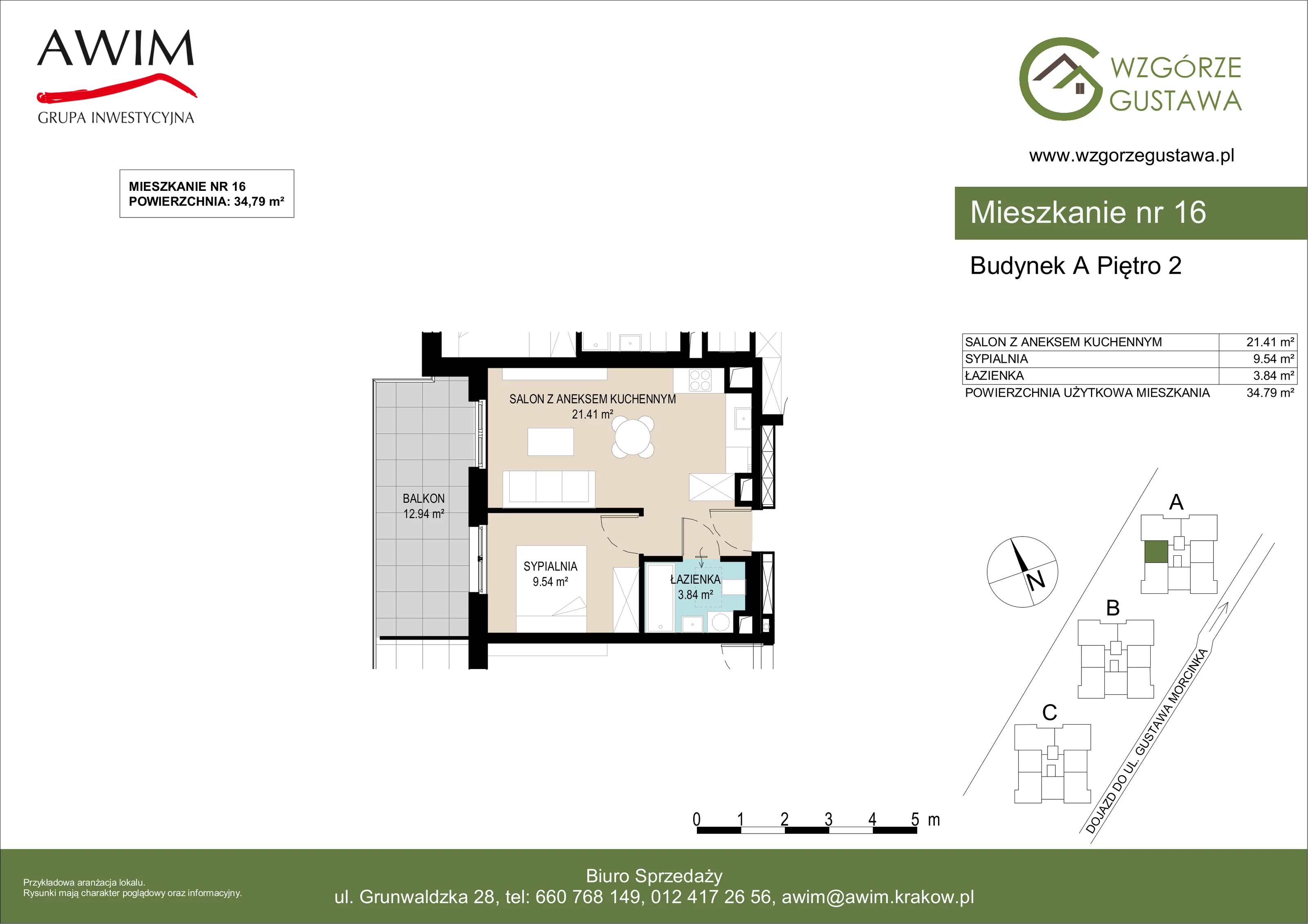 2 pokoje, mieszkanie 34,79 m², piętro 2, oferta nr A16, Wzgórze Gustawa, Kraków, Wzgórza Krzesławickie, Zesławice, ul. Gustawa Morcinka