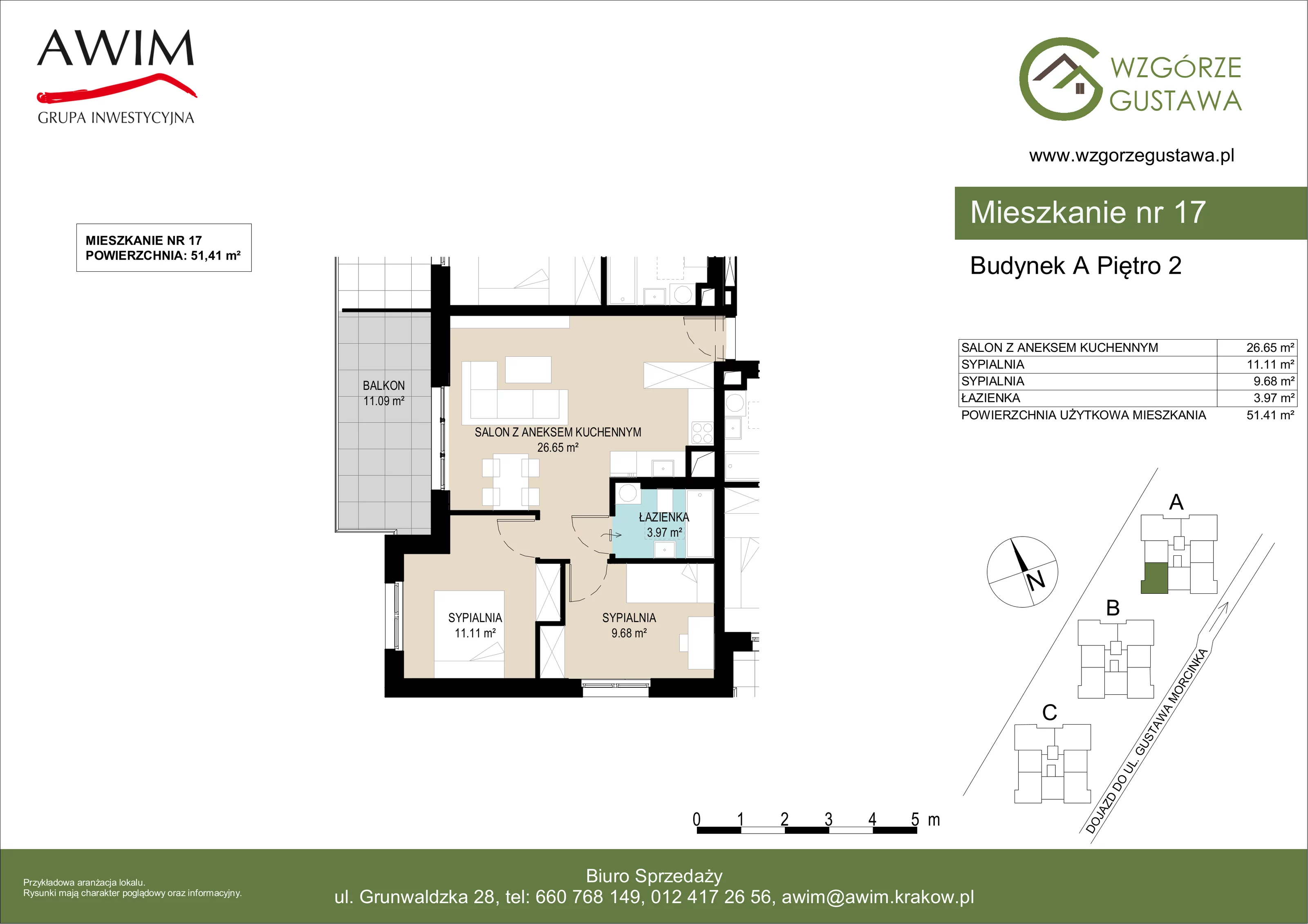 3 pokoje, mieszkanie 51,41 m², piętro 2, oferta nr A17, Wzgórze Gustawa, Kraków, Wzgórza Krzesławickie, Zesławice, ul. Gustawa Morcinka