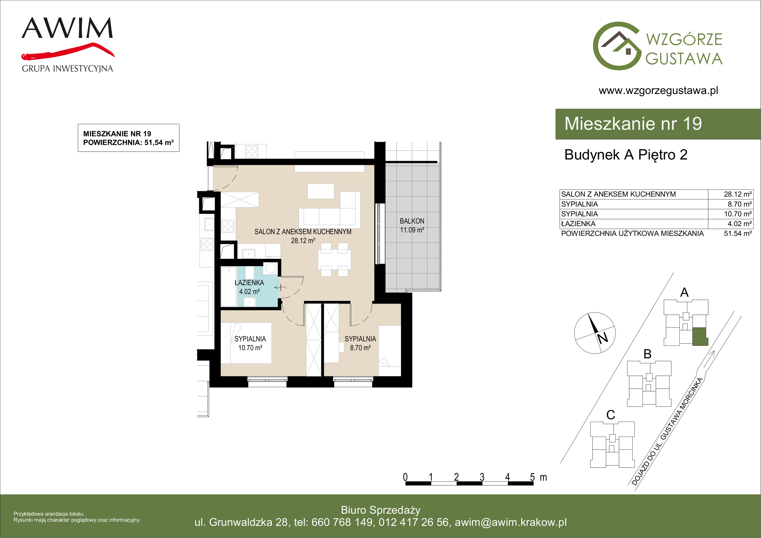 3 pokoje, mieszkanie 51,54 m², piętro 2, oferta nr A19, Wzgórze Gustawa, Kraków, Wzgórza Krzesławickie, Zesławice, ul. Gustawa Morcinka