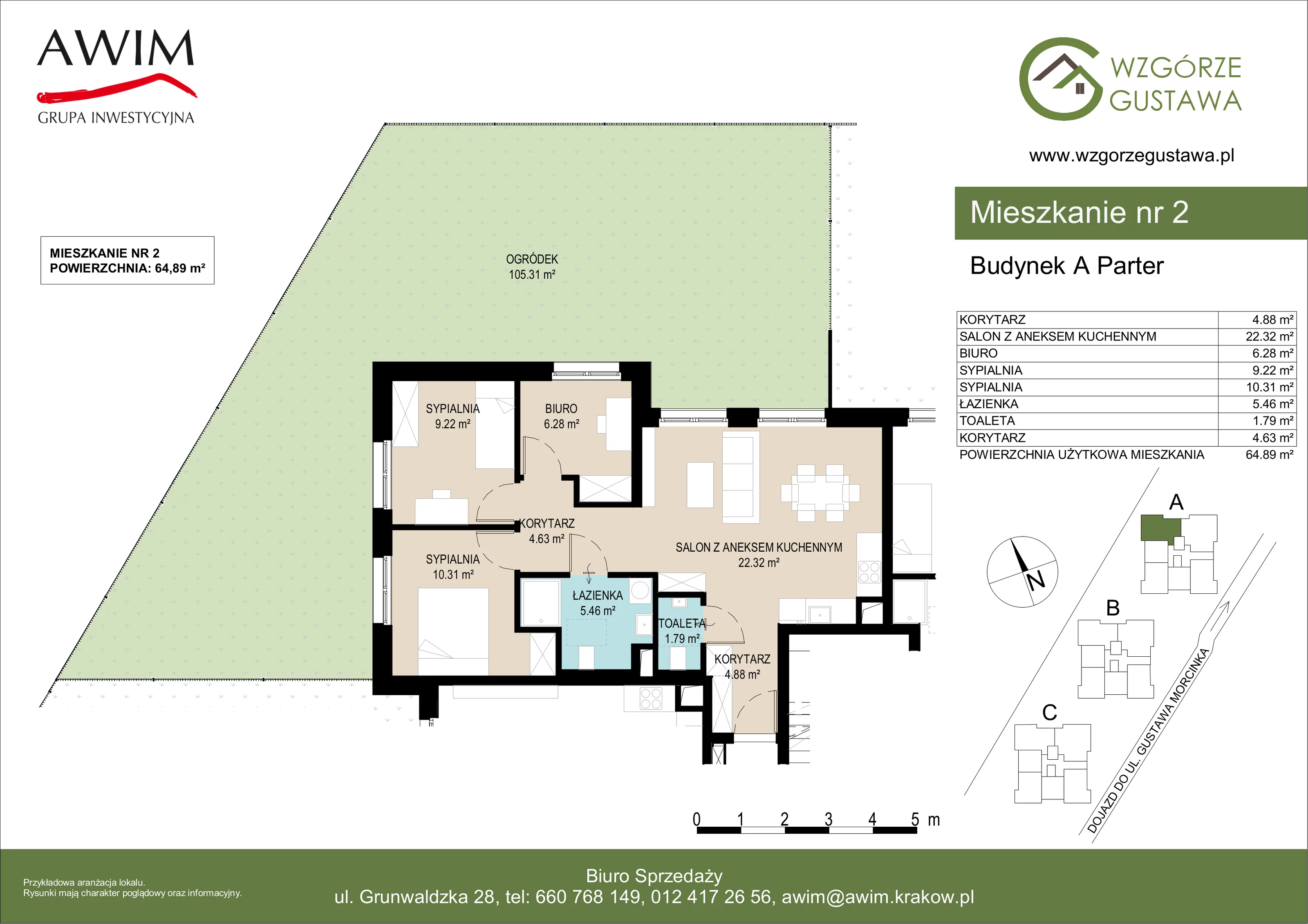 4 pokoje, mieszkanie 65,09 m², parter, oferta nr A2, Wzgórze Gustawa, Kraków, Wzgórza Krzesławickie, Zesławice, ul. Gustawa Morcinka