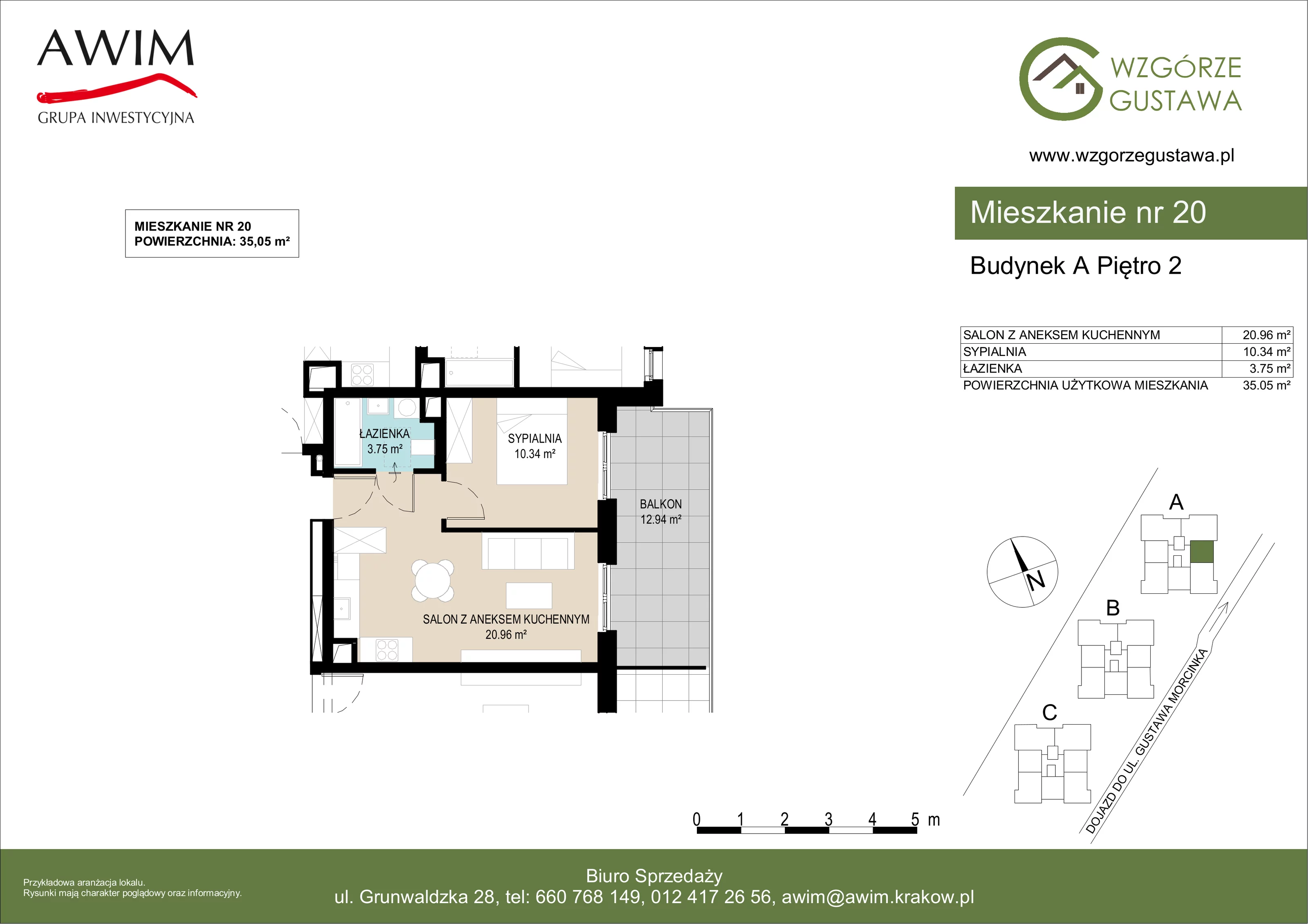 2 pokoje, mieszkanie 35,05 m², piętro 2, oferta nr A20, Wzgórze Gustawa, Kraków, Wzgórza Krzesławickie, Zesławice, ul. Gustawa Morcinka