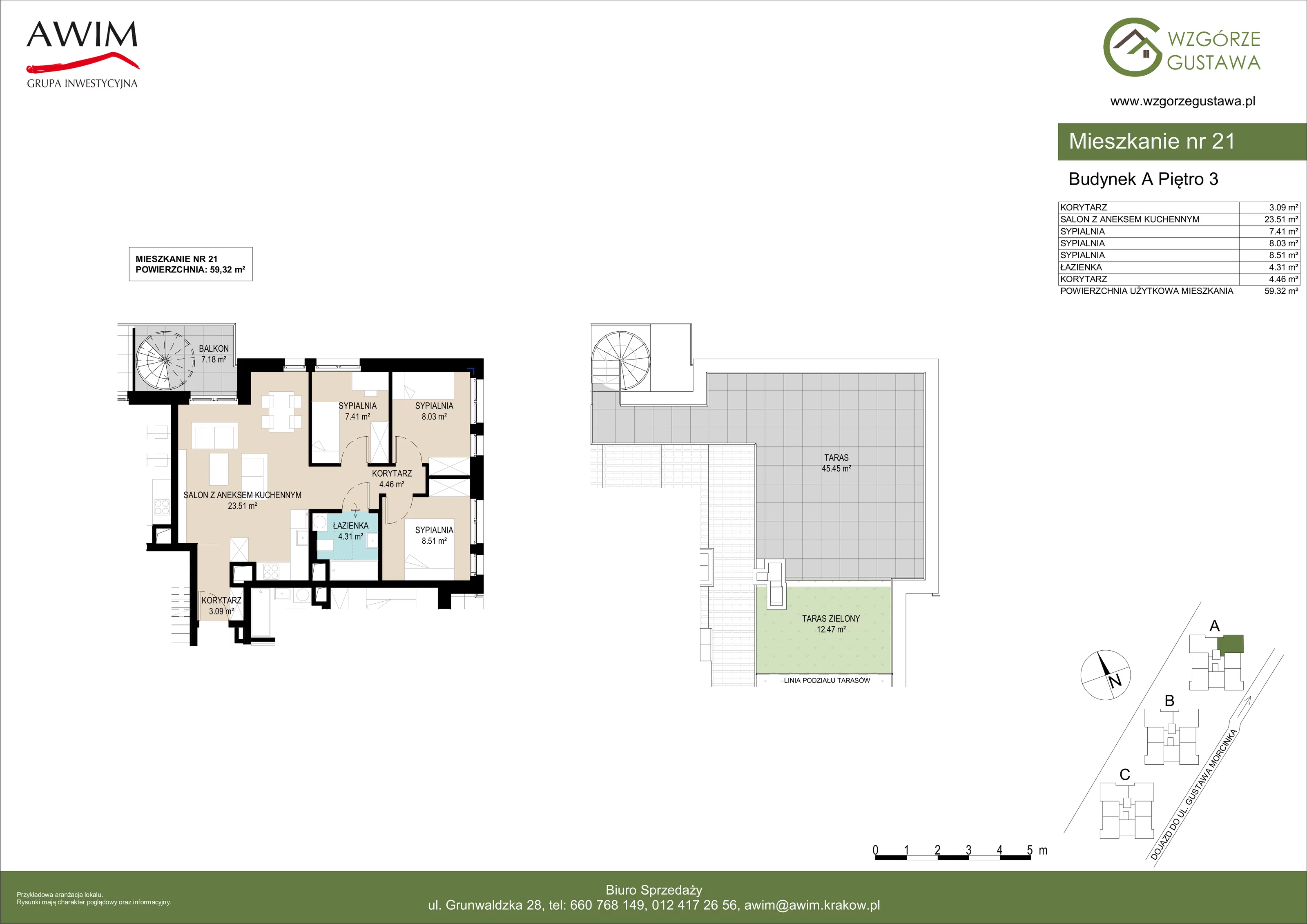 4 pokoje, mieszkanie 59,31 m², piętro 3, oferta nr A21, Wzgórze Gustawa, Kraków, Wzgórza Krzesławickie, Zesławice, ul. Gustawa Morcinka