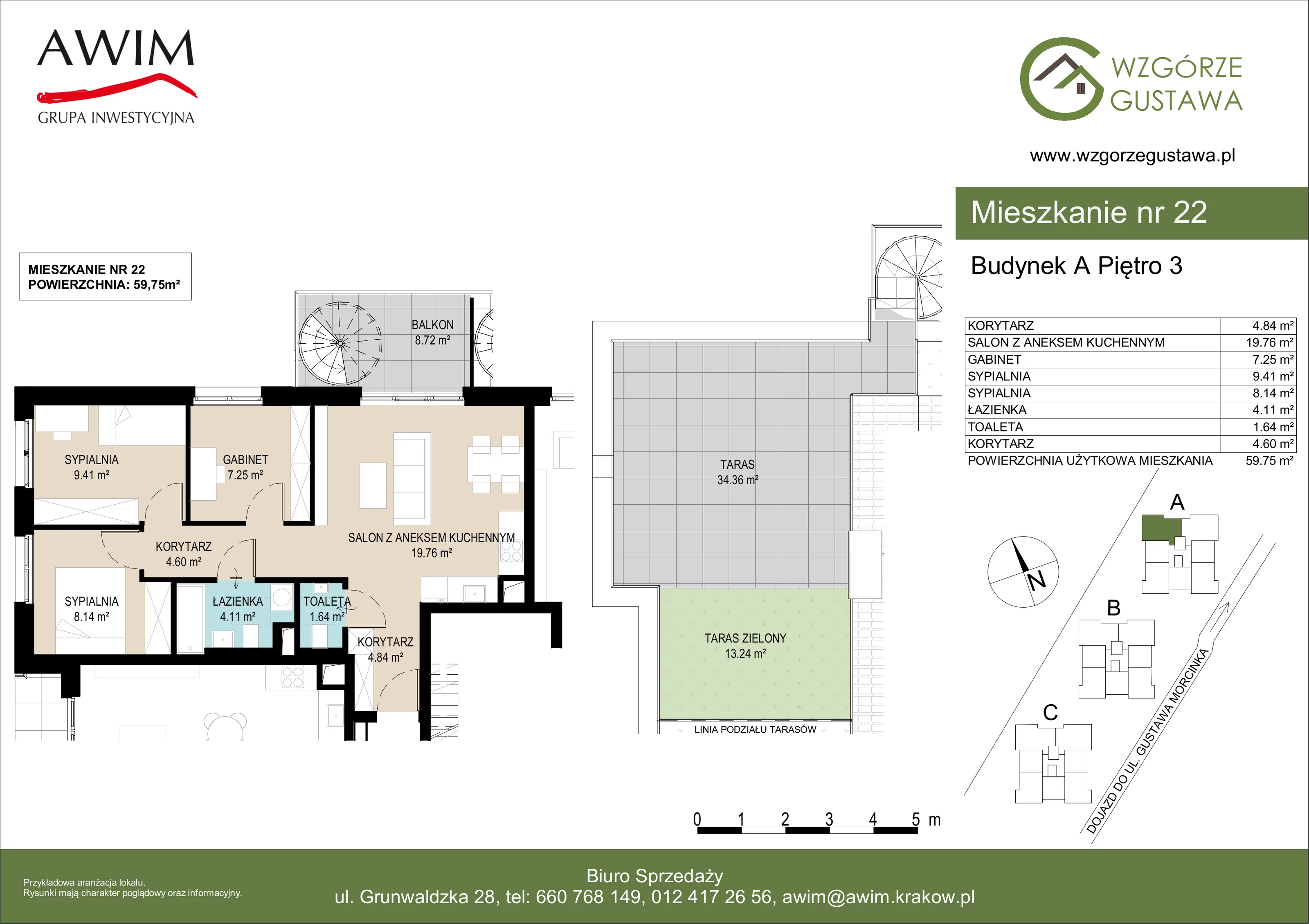 4 pokoje, mieszkanie 59,75 m², piętro 3, oferta nr A22, Wzgórze Gustawa, Kraków, Wzgórza Krzesławickie, Zesławice, ul. Gustawa Morcinka