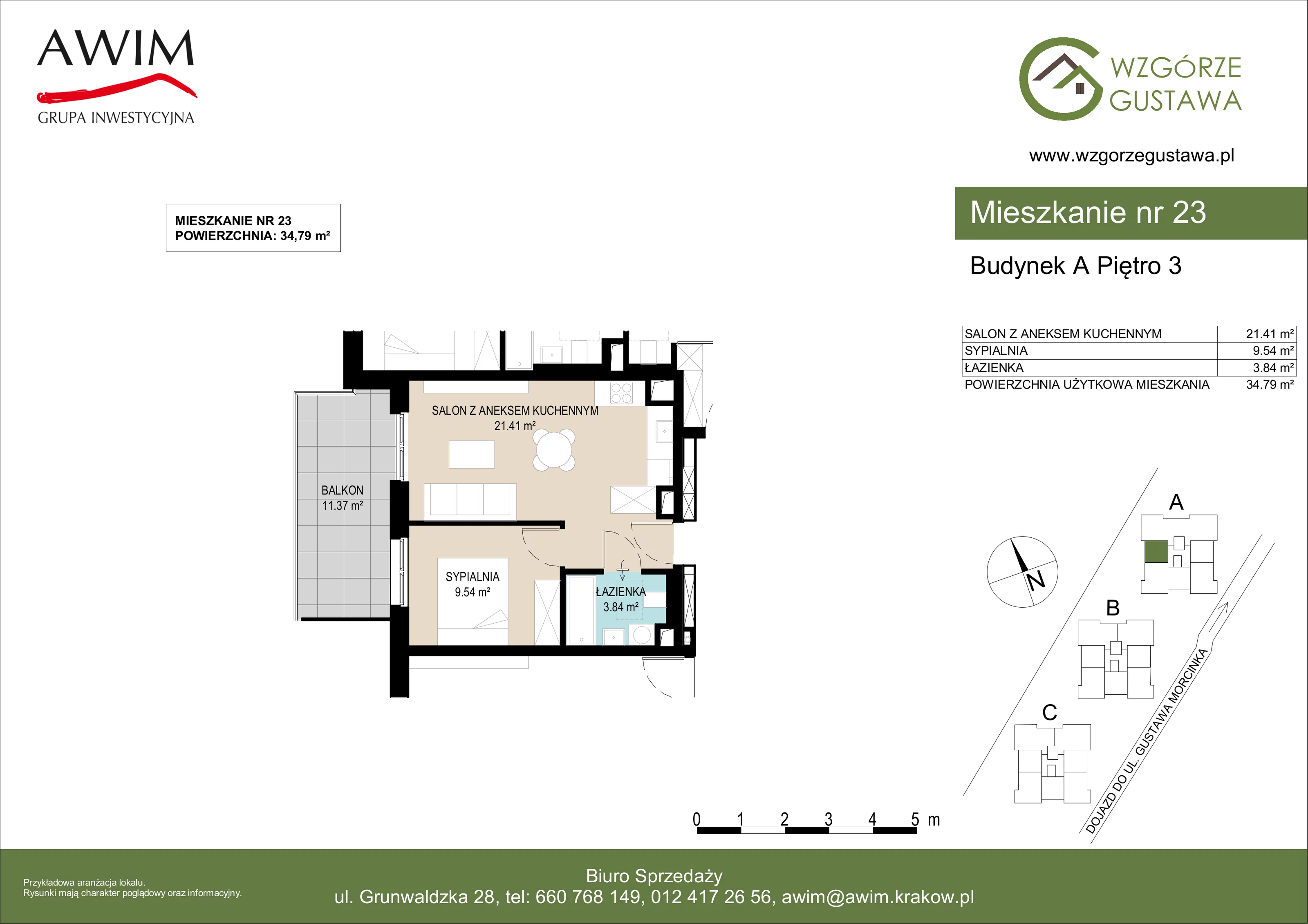 2 pokoje, mieszkanie 34,79 m², piętro 3, oferta nr A23, Wzgórze Gustawa, Kraków, Wzgórza Krzesławickie, Zesławice, ul. Gustawa Morcinka