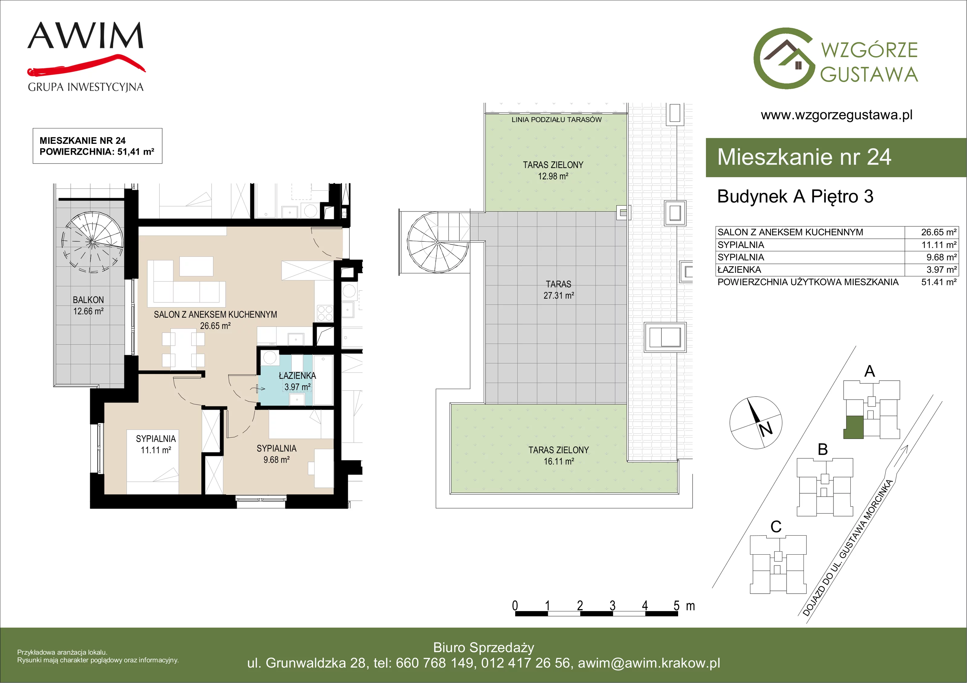 3 pokoje, mieszkanie 51,41 m², piętro 3, oferta nr A24, Wzgórze Gustawa, Kraków, Wzgórza Krzesławickie, Zesławice, ul. Gustawa Morcinka