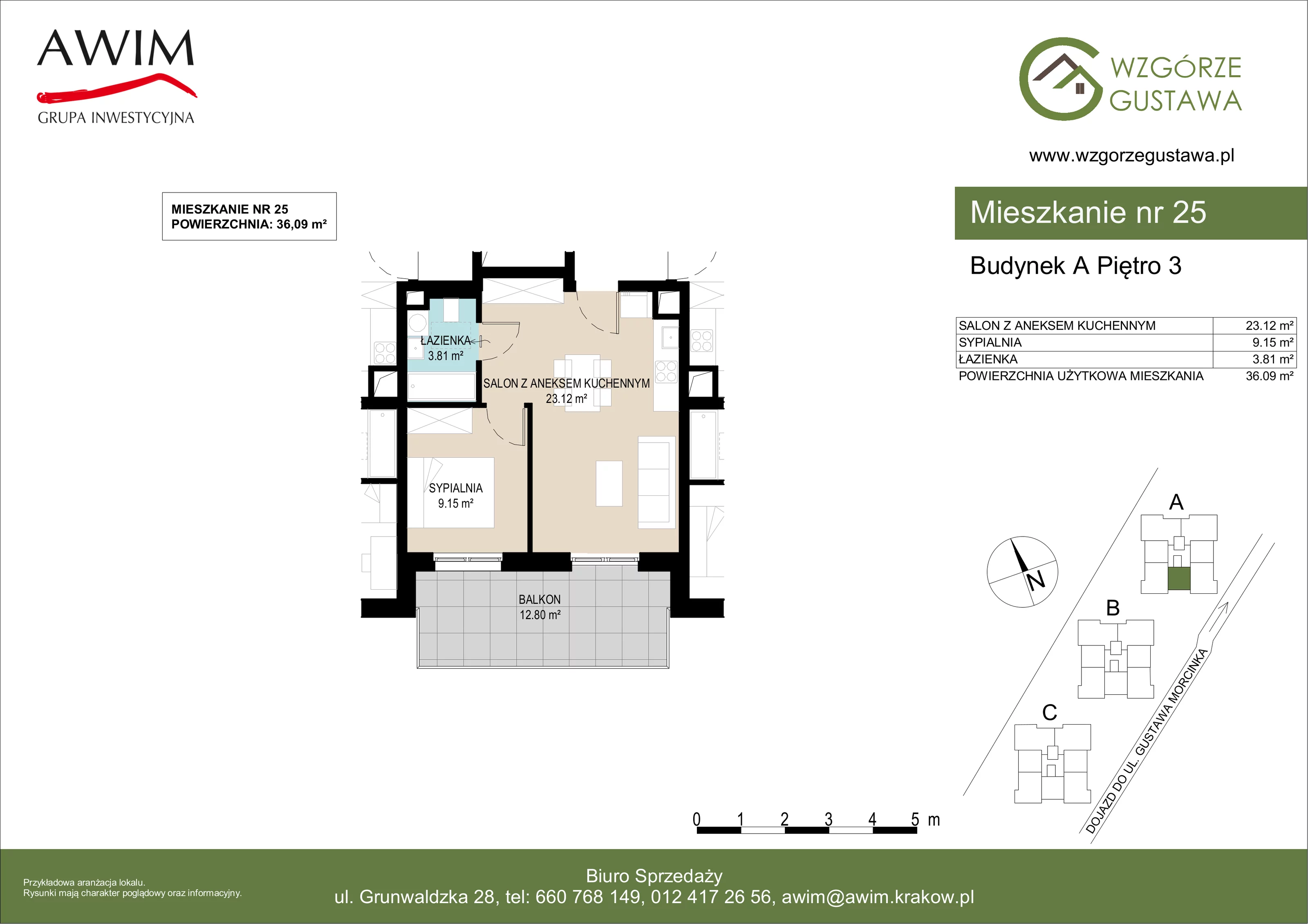 2 pokoje, mieszkanie 36,09 m², piętro 3, oferta nr A25, Wzgórze Gustawa, Kraków, Wzgórza Krzesławickie, Zesławice, ul. Gustawa Morcinka