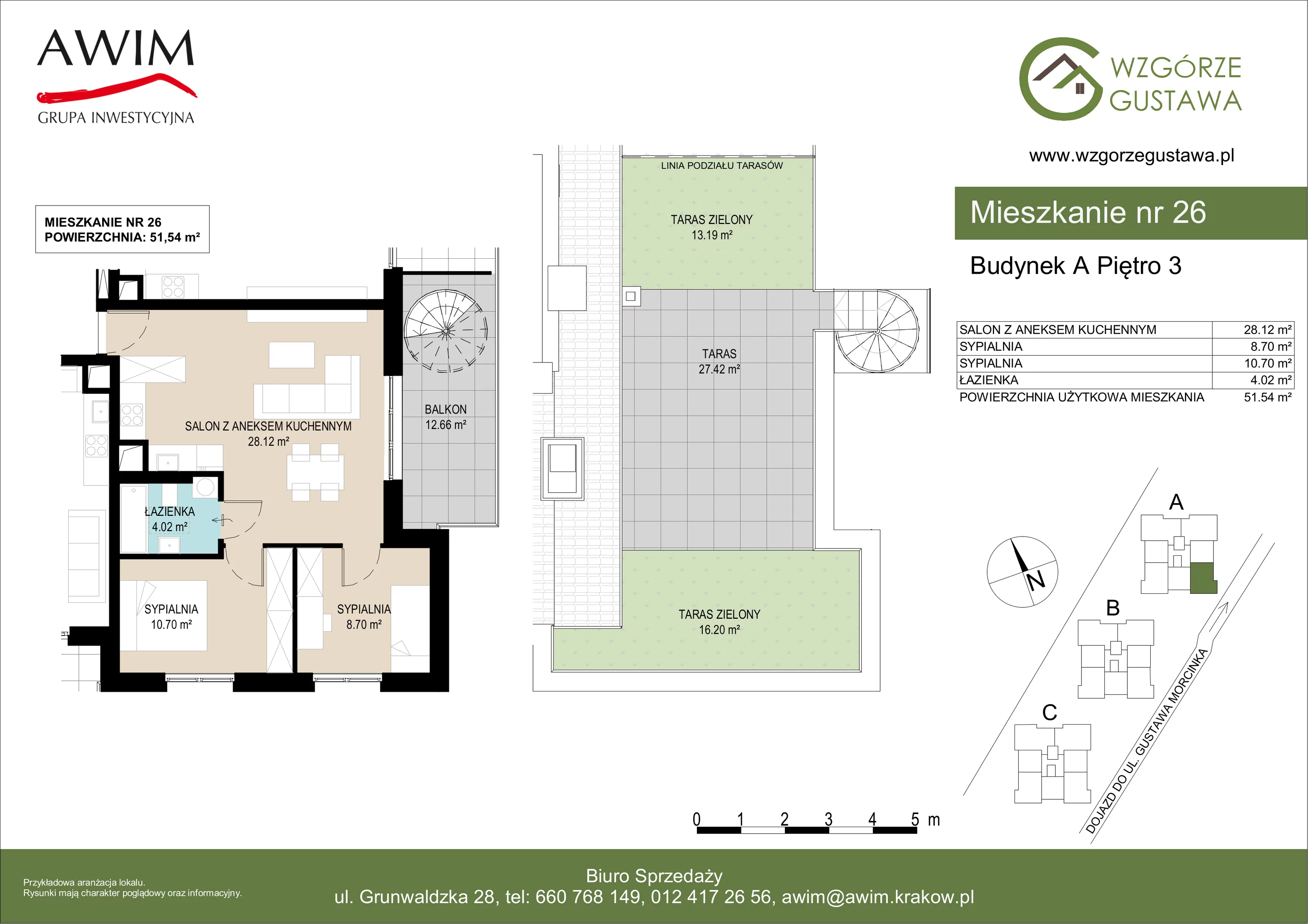 3 pokoje, mieszkanie 51,54 m², piętro 3, oferta nr A26, Wzgórze Gustawa, Kraków, Wzgórza Krzesławickie, Zesławice, ul. Gustawa Morcinka