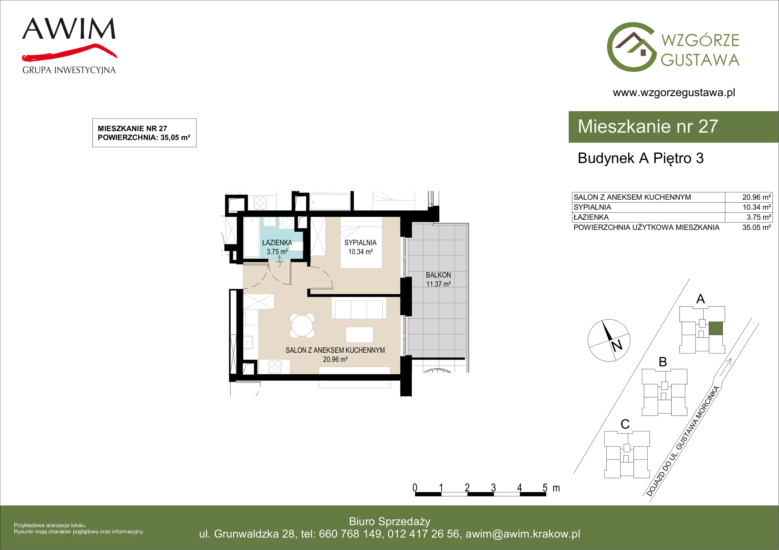 2 pokoje, mieszkanie 35,05 m², piętro 3, oferta nr A27, Wzgórze Gustawa, Kraków, Wzgórza Krzesławickie, Zesławice, ul. Gustawa Morcinka