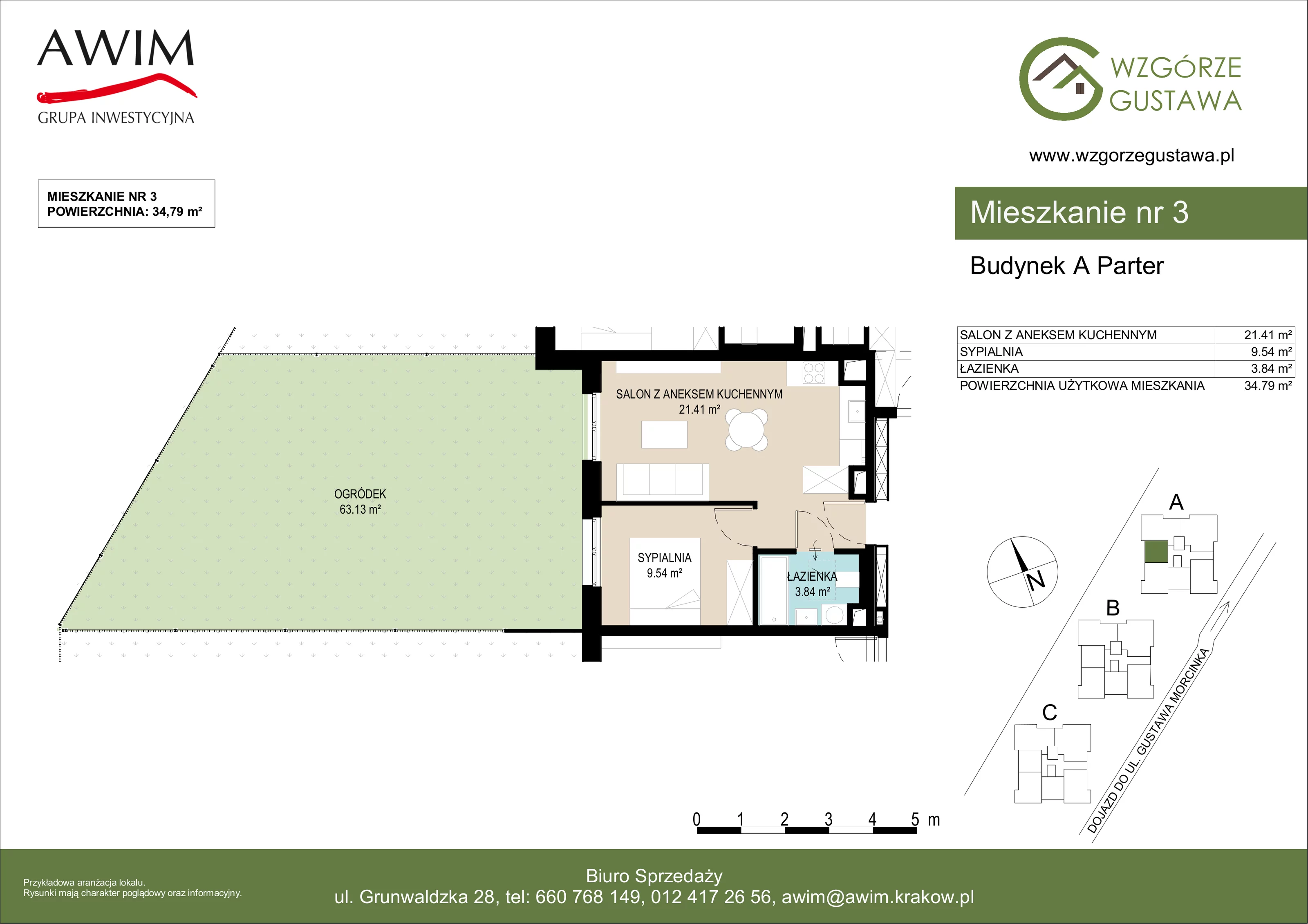 2 pokoje, mieszkanie 34,79 m², parter, oferta nr A3, Wzgórze Gustawa, Kraków, Wzgórza Krzesławickie, Zesławice, ul. Gustawa Morcinka