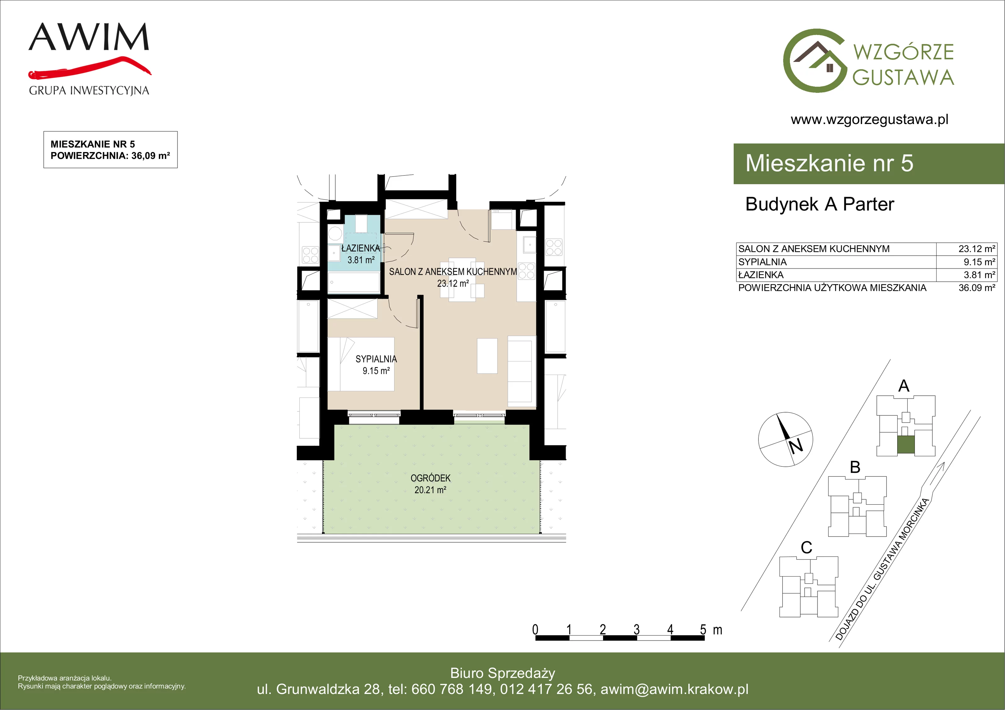 2 pokoje, mieszkanie 36,09 m², parter, oferta nr A5, Wzgórze Gustawa, Kraków, Wzgórza Krzesławickie, Zesławice, ul. Gustawa Morcinka