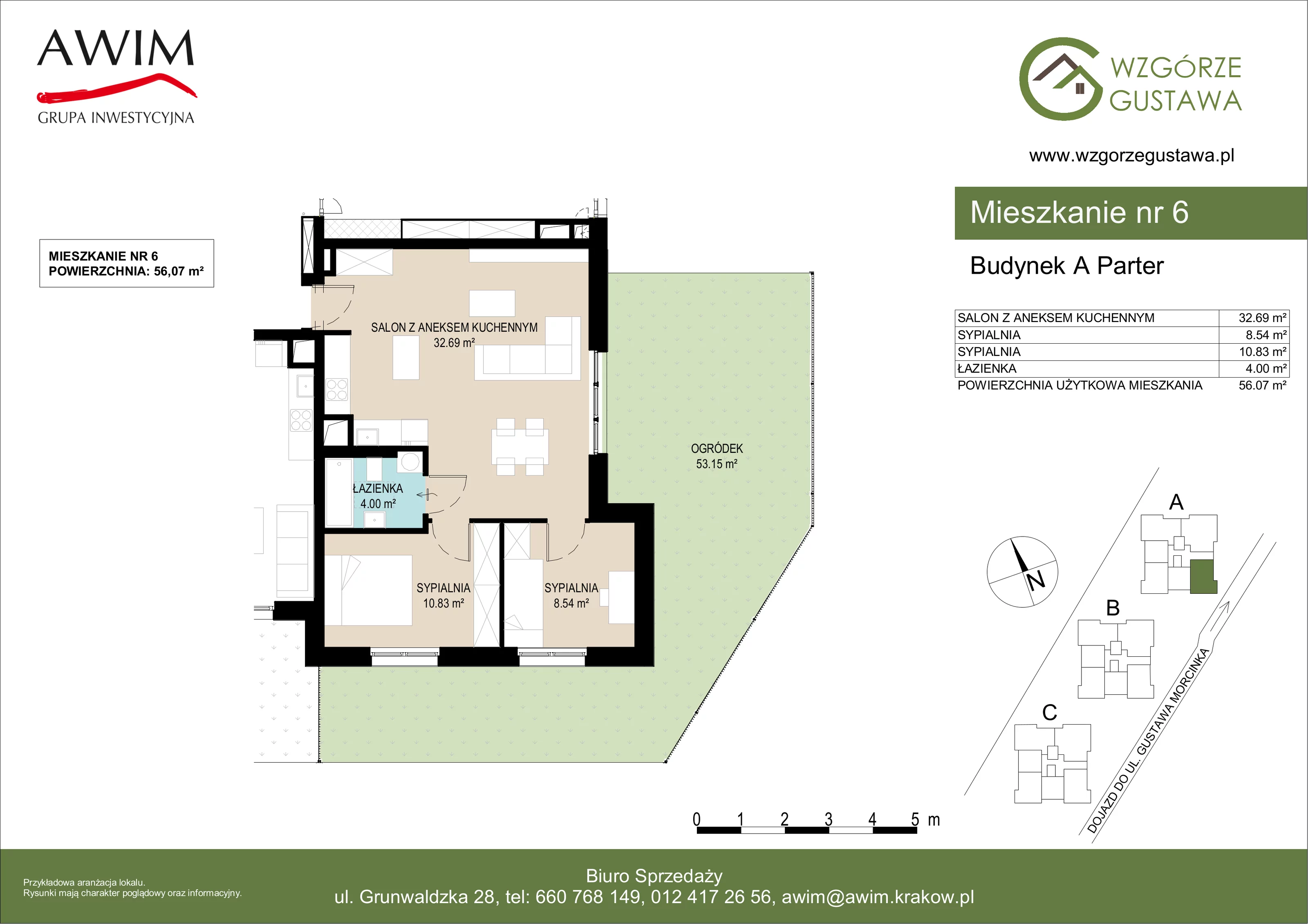 3 pokoje, mieszkanie 56,09 m², parter, oferta nr A6, Wzgórze Gustawa, Kraków, Wzgórza Krzesławickie, Zesławice, ul. Gustawa Morcinka