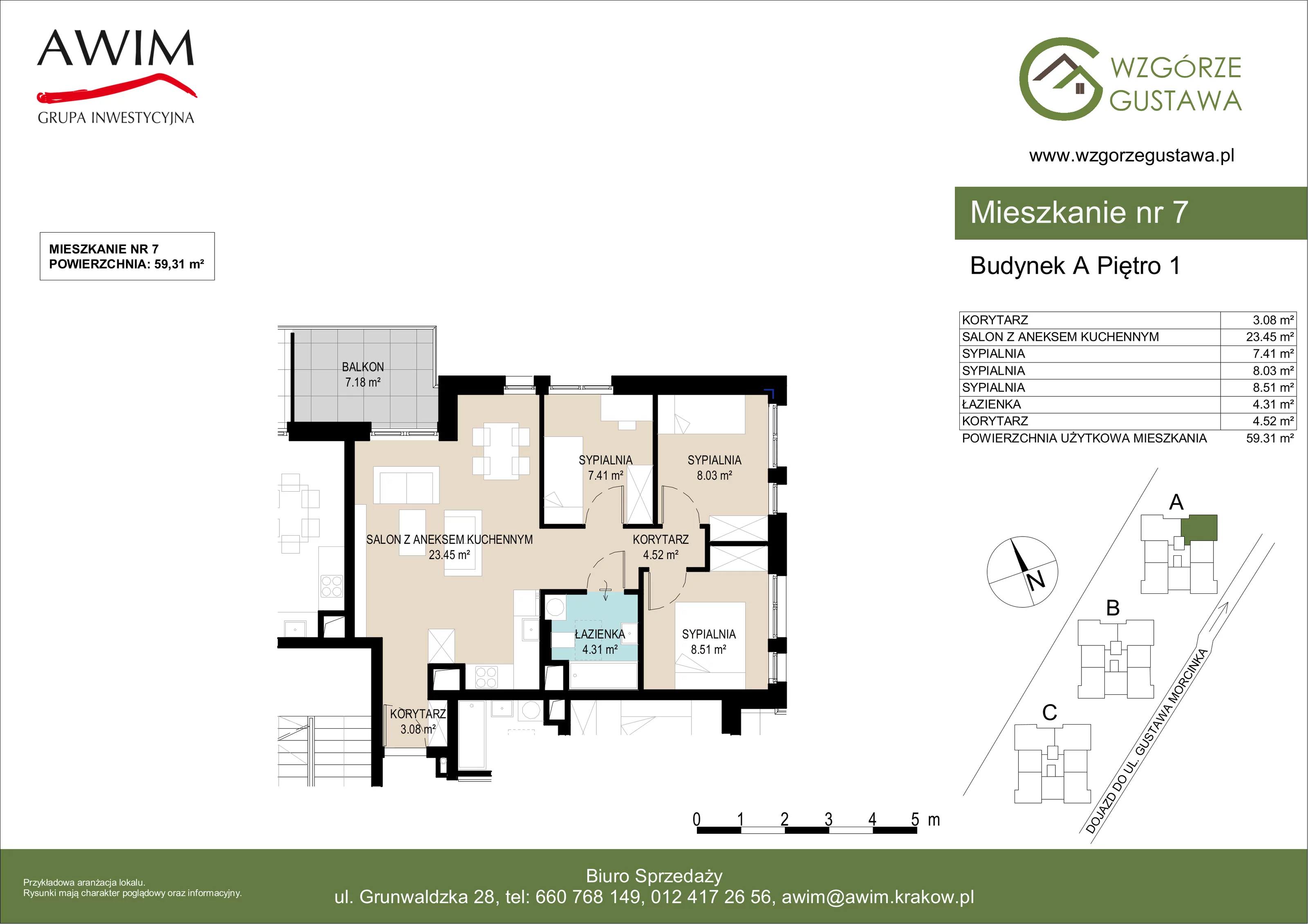 4 pokoje, mieszkanie 59,31 m², piętro 1, oferta nr A7, Wzgórze Gustawa, Kraków, Wzgórza Krzesławickie, Zesławice, ul. Gustawa Morcinka