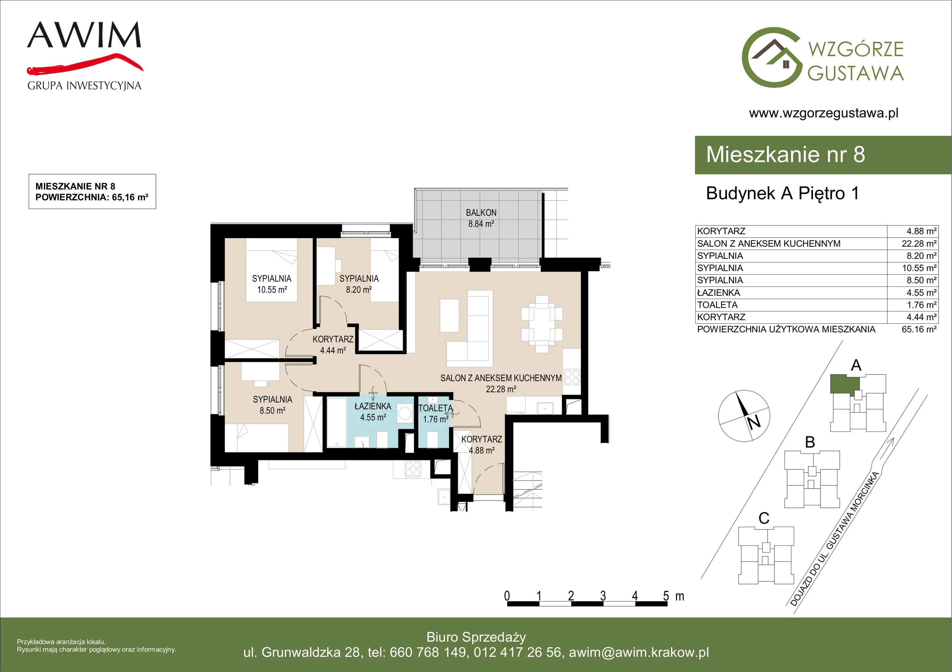 4 pokoje, mieszkanie 65,16 m², piętro 1, oferta nr A8, Wzgórze Gustawa, Kraków, Wzgórza Krzesławickie, Zesławice, ul. Gustawa Morcinka