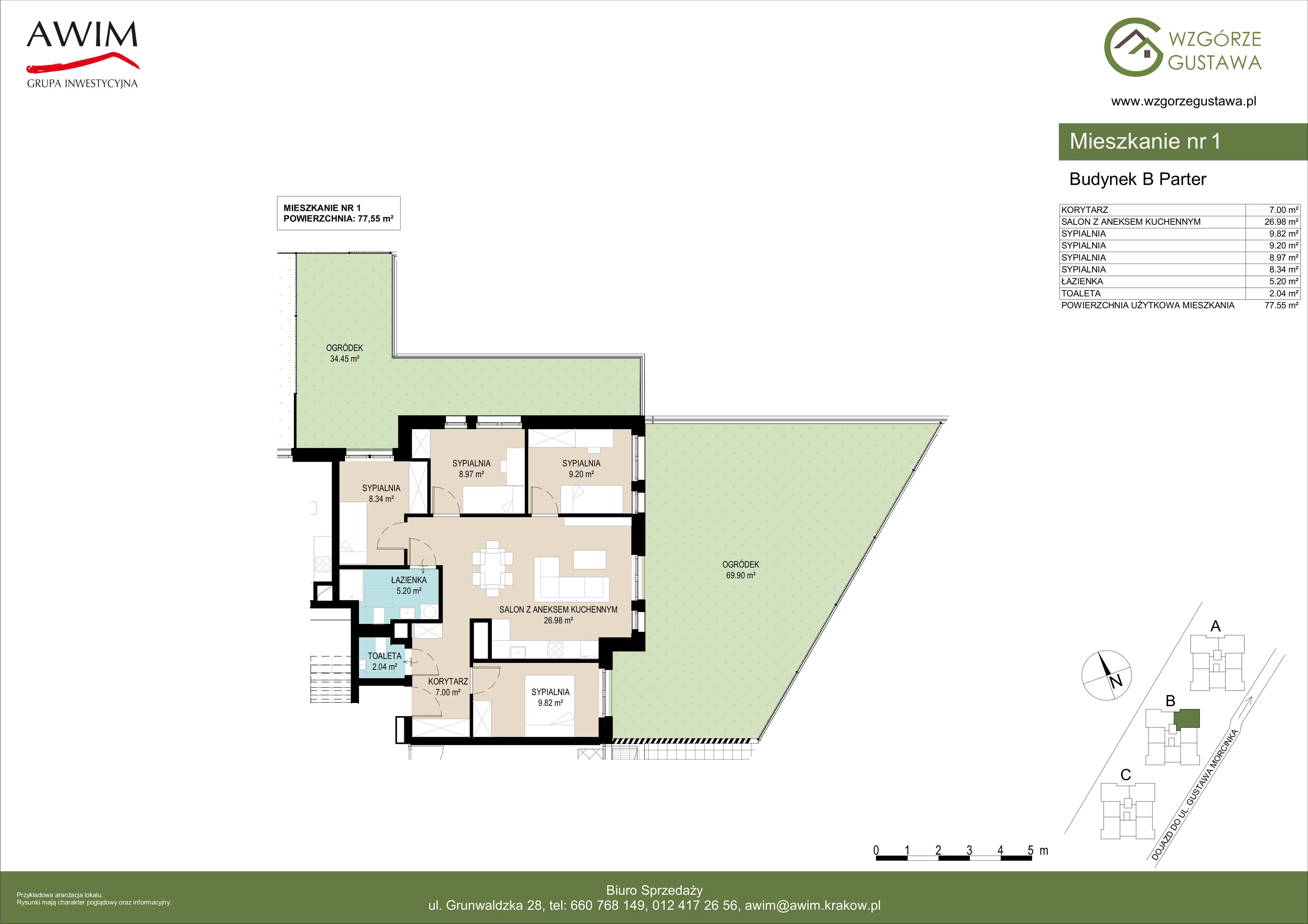 5 pokoi, mieszkanie 77,54 m², parter, oferta nr B1, Wzgórze Gustawa, Kraków, Wzgórza Krzesławickie, Zesławice, ul. Gustawa Morcinka