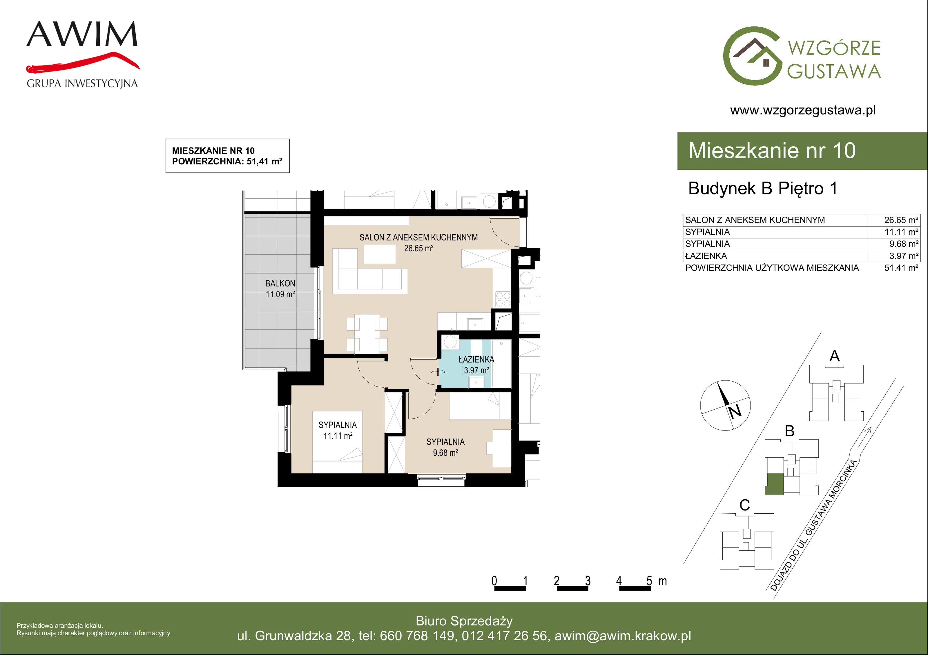 3 pokoje, mieszkanie 51,41 m², piętro 1, oferta nr B10, Wzgórze Gustawa, Kraków, Wzgórza Krzesławickie, Zesławice, ul. Gustawa Morcinka