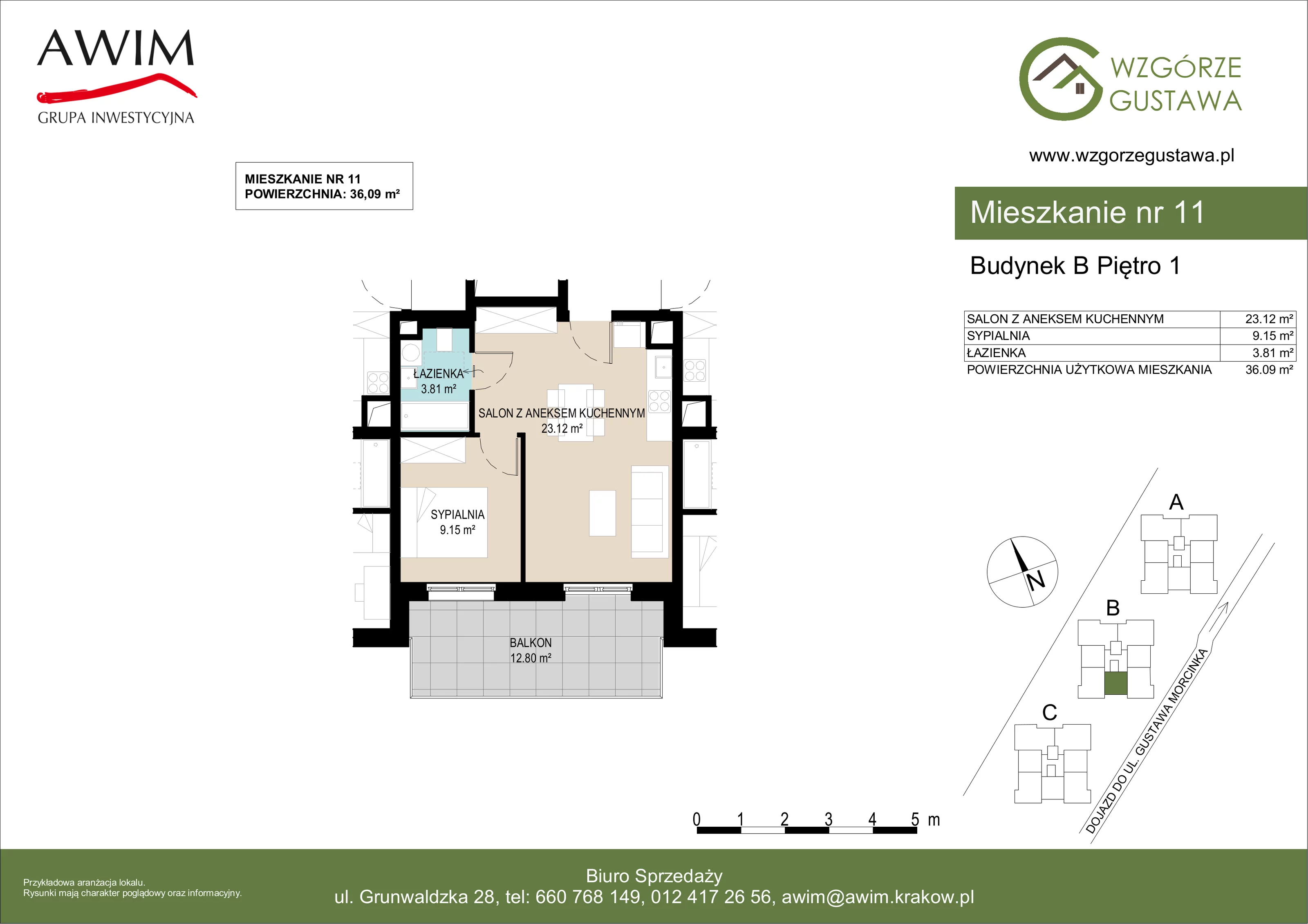 2 pokoje, mieszkanie 36,09 m², piętro 1, oferta nr B11, Wzgórze Gustawa, Kraków, Wzgórza Krzesławickie, Zesławice, ul. Gustawa Morcinka