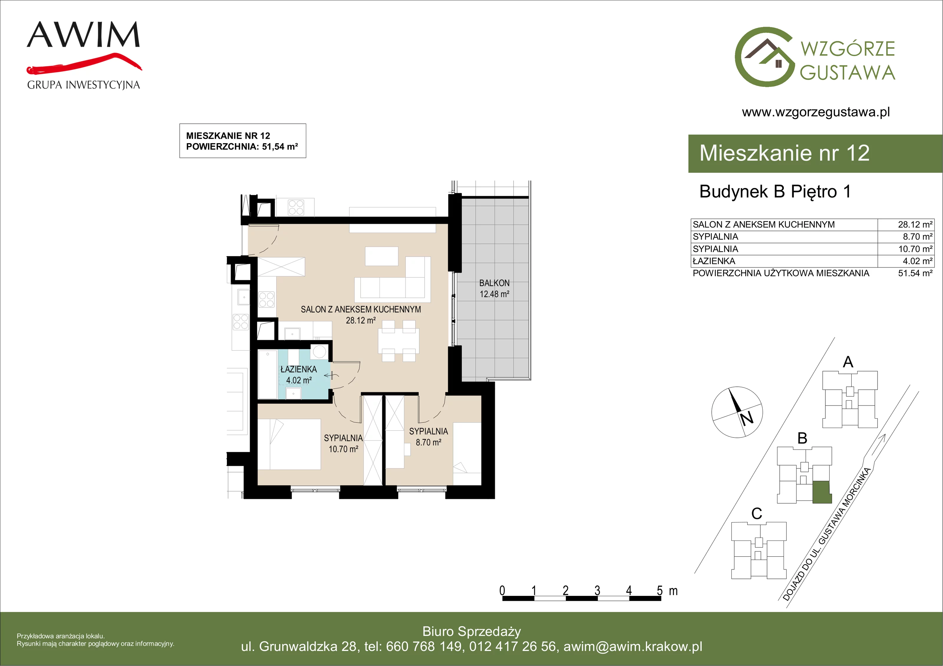3 pokoje, mieszkanie 51,54 m², piętro 1, oferta nr B12, Wzgórze Gustawa, Kraków, Wzgórza Krzesławickie, Zesławice, ul. Gustawa Morcinka