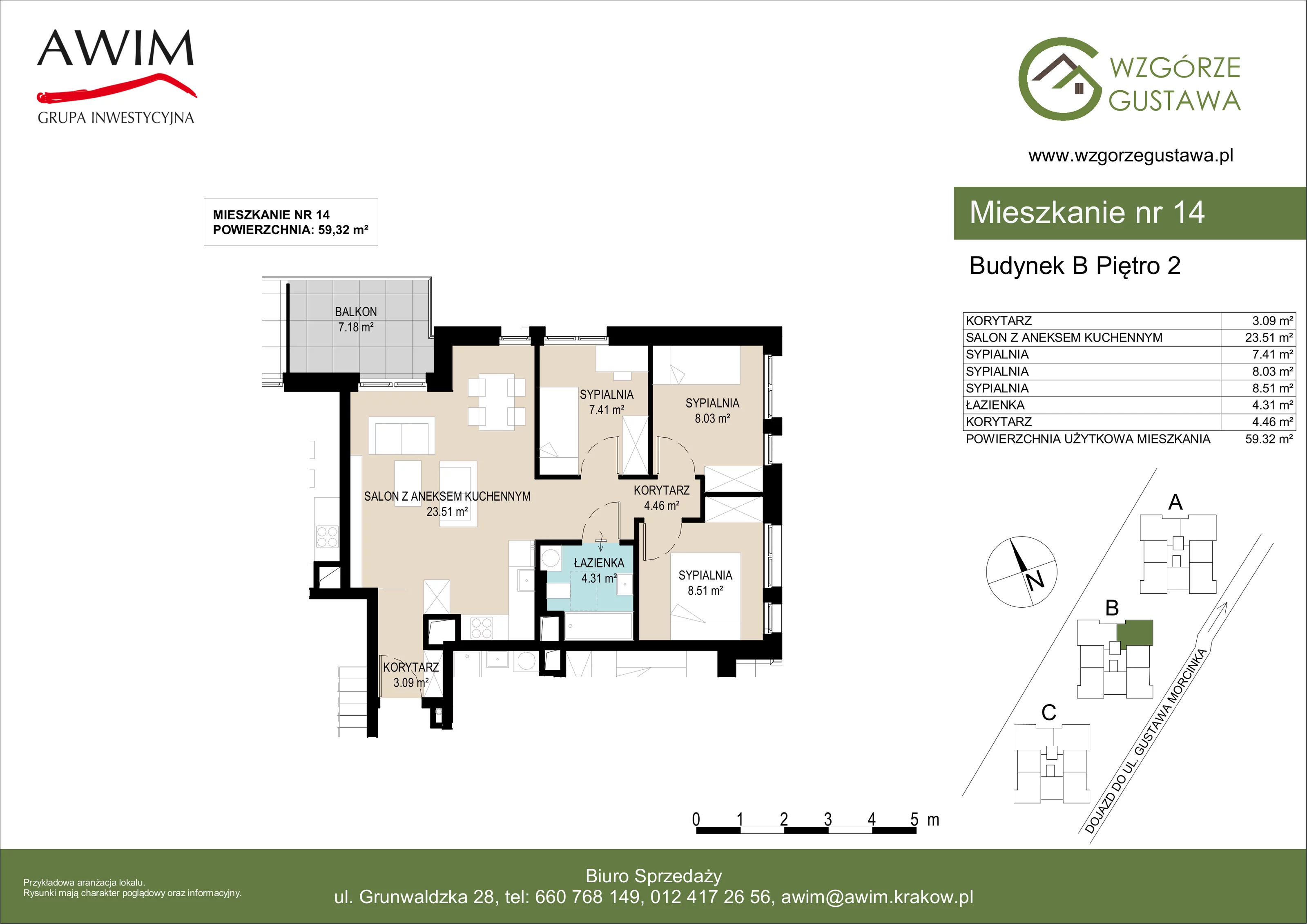 4 pokoje, mieszkanie 59,31 m², piętro 2, oferta nr B14, Wzgórze Gustawa, Kraków, Wzgórza Krzesławickie, Zesławice, ul. Gustawa Morcinka