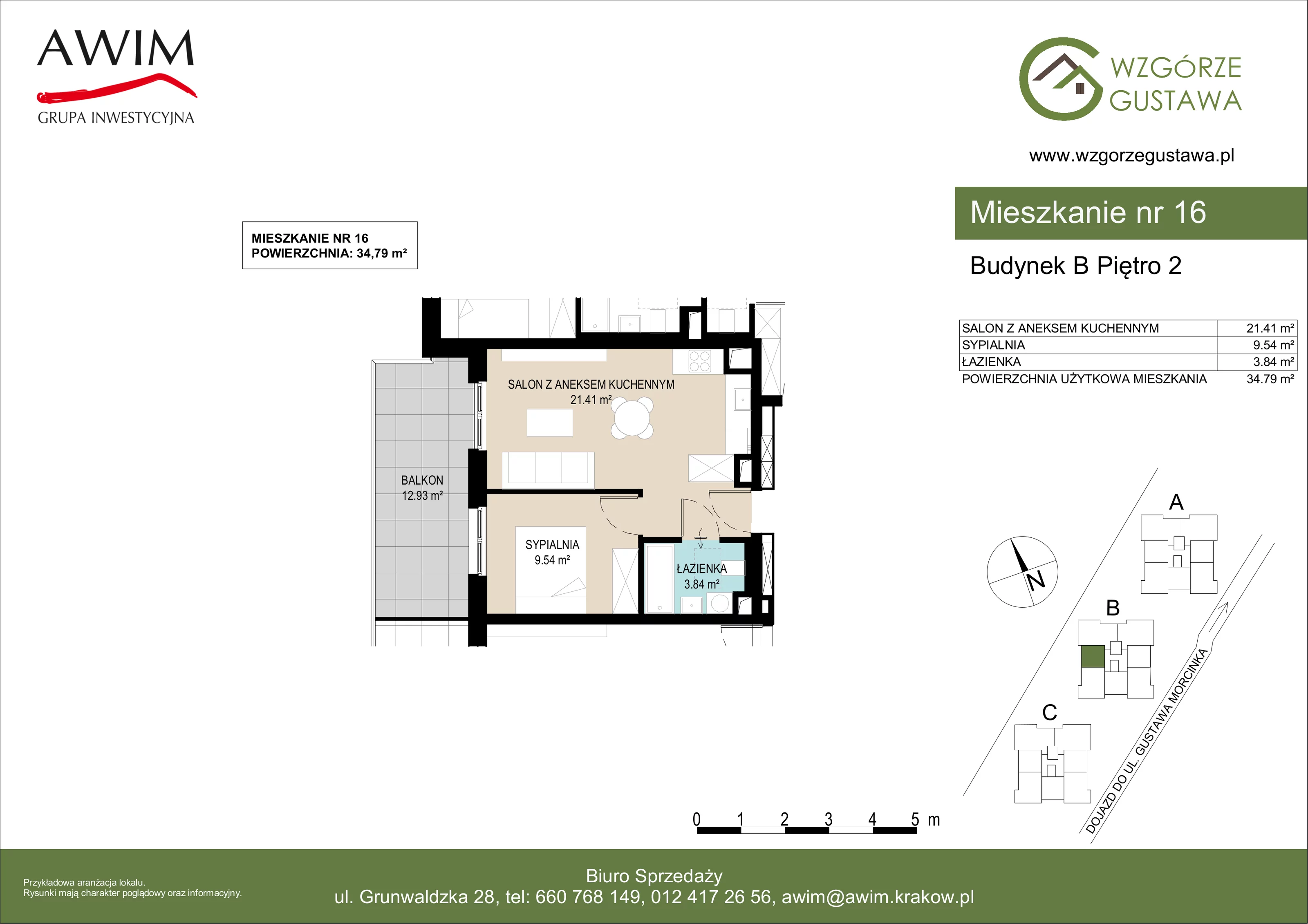 2 pokoje, mieszkanie 34,79 m², piętro 2, oferta nr B16, Wzgórze Gustawa, Kraków, Wzgórza Krzesławickie, Zesławice, ul. Gustawa Morcinka