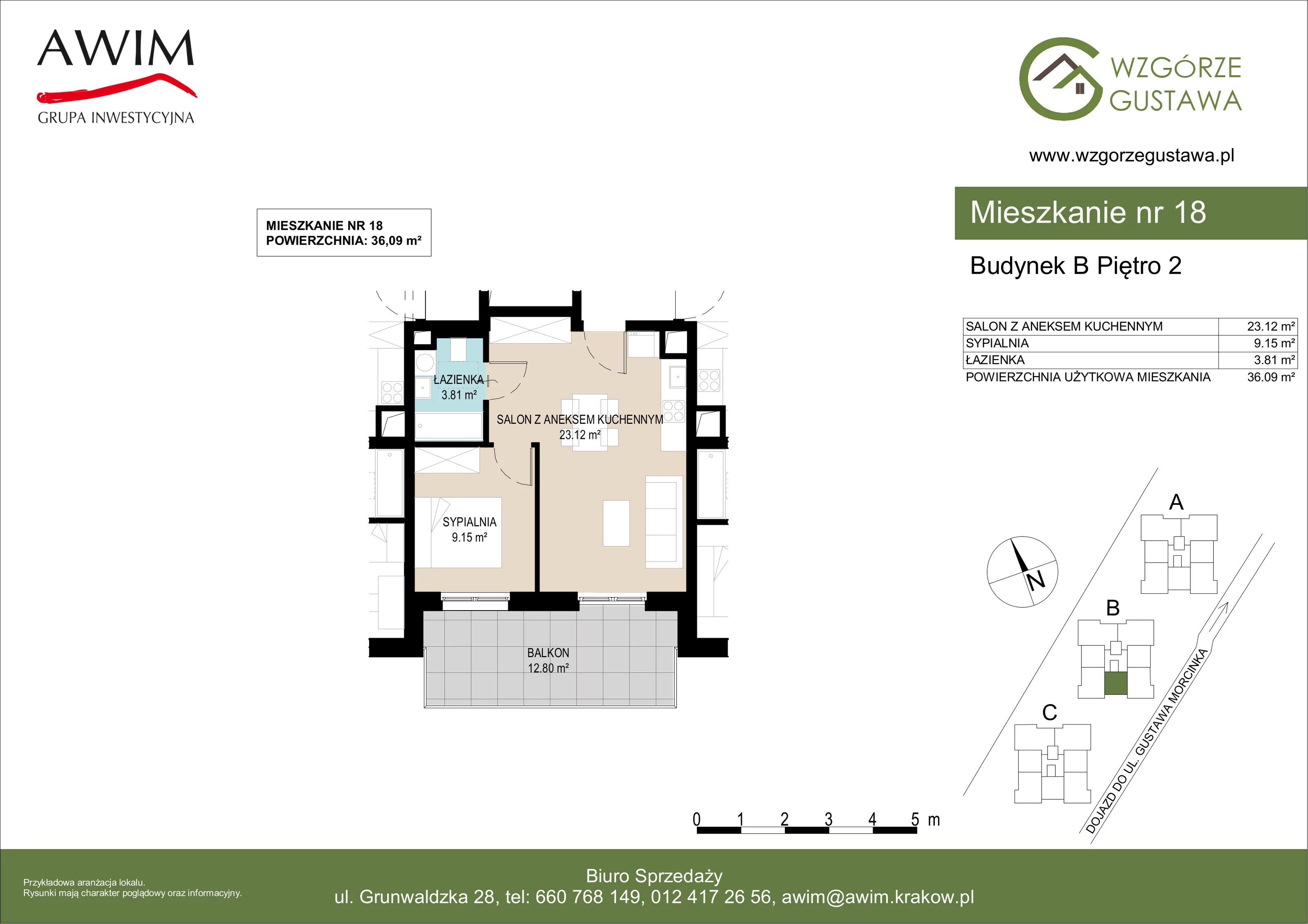 2 pokoje, mieszkanie 36,09 m², piętro 2, oferta nr B18, Wzgórze Gustawa, Kraków, Wzgórza Krzesławickie, Zesławice, ul. Gustawa Morcinka