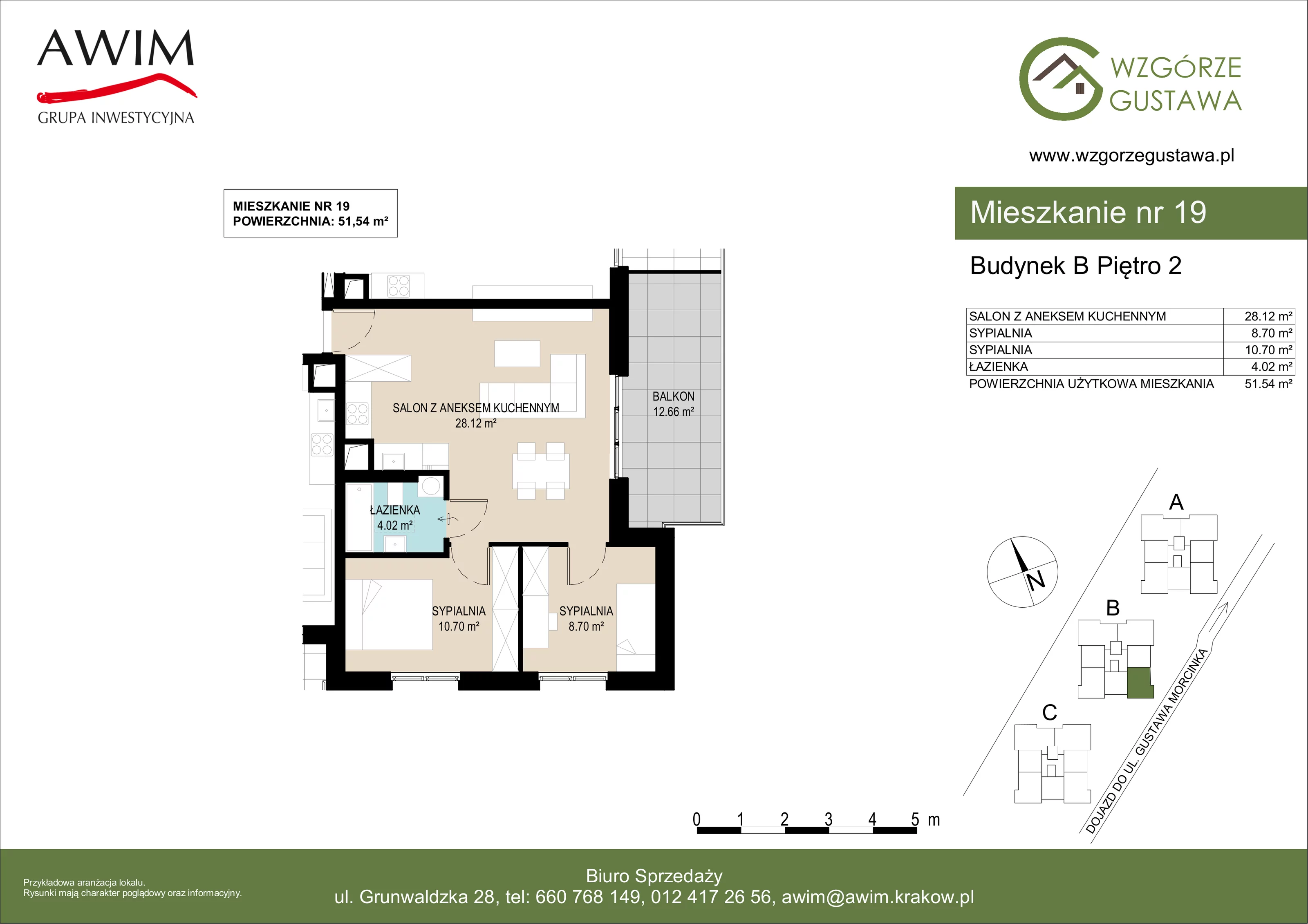 3 pokoje, mieszkanie 51,54 m², piętro 2, oferta nr B19, Wzgórze Gustawa, Kraków, Wzgórza Krzesławickie, Zesławice, ul. Gustawa Morcinka